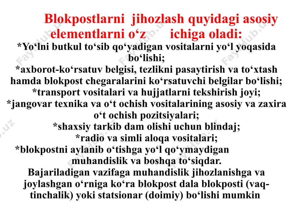 haxsiy tarkibi jangovar raschyotga muvofiq ravishda o‘t ochish pozitsiyalarini egallaydilar. blokpostni yorib o‘tish (blokpostga hujum qilish) ga bo‘lgan urinishlarga chek qo‘yish dushman blokpostning uzoq bo‘sag‘alari (marralari) ga yaqin kelishi bilan barcha mavjud o‘t ochish vositalari yordamida amalga oshiriladi. yorib o‘tish (hujum) ni qaytarish davomida blokpost komandiri asosiy kuchni dushmanning hujum qilayotgan asosiy guruhiga qarshi jamlagan holda, guruhchalarning o‘t ochishini boshqarib turadi. blokpostni aylanib o‘tishga uringan dushmanning kichik guruhlari va ayrim qurollangan shaxslar piyodalarning jangovar mashinalari (bronetransportyorlar) ning, boshqa o‘t ochish vositalarining o‘ti va mergan tomonidan yo‘q qilinadi. image1.png /docprops/thumbnail.jpeg