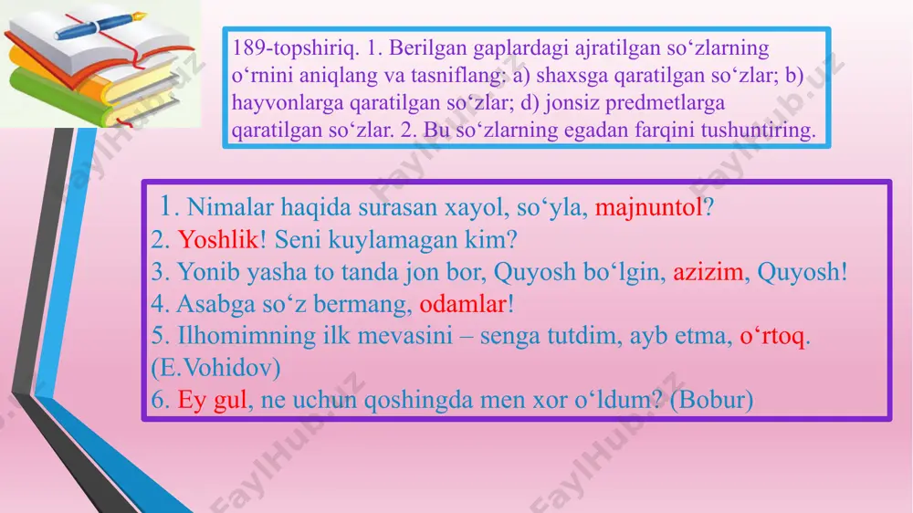 ajratiladi. – aziz nabiralar, siz bilmaysiz, oh, men o‘sha cho‘qqida quchganman zafar. 2. insondan o‘zgani demasman, do‘stim. 3. ka’ba qopqasida turgan, ey posbon, avval onalarning ochgin yo‘llarin. 178-mashq. berilgan gaplarga turli o‘rinlarda undalmalar qo‘yib ko‘chiring. tinish belgilarini qo‘ying. tenglik hukm surgan joyda sotqin, aldamchi ehtiroslar, g‘am-g‘ussa bo‘lmaydi. (beruniy) tenglik hukm surgan joyda sotqin, aldamchi ehtiroslar, g‘am-g‘ussa bo‘lmaydi, do`stim. 2. yo‘qolgan narsangga ko‘p achinma, achinish ila qayta kelmas, netarsan. (koshg‘ariy) yo‘qolgan narsangga ko‘p achinma, ey inson, achinish ila qayta kelmas, netarsan. 3. ishda oshiqqan ko‘p toyilur, ko‘p toyilgan ko‘p yiqilur. (a.navoiy) o`g`lim,ishda oshiqqan ko‘p toyilur, ko‘p toyilgan ko‘p yiqilur. 179-mashq. qatordagi gaplarning umumiy belgisini topib, unga uchinchi gapni kiriting. i. 1. shoshmagin, ey, karvon, to‘xtagin biroz, chashmi zilol bo‘lib dardingni olay. 2. dengizing qurisa, ne ham qilursan, qayga bosh urarsan, ey munglug‘ ko‘ngil. oftobi olam, shahar qozisi mansabi uchun muborak ko‘zingiz qaysi baxtiyorga tushdi? = shahr qozisi mansabi uchun, oftobi olam, …