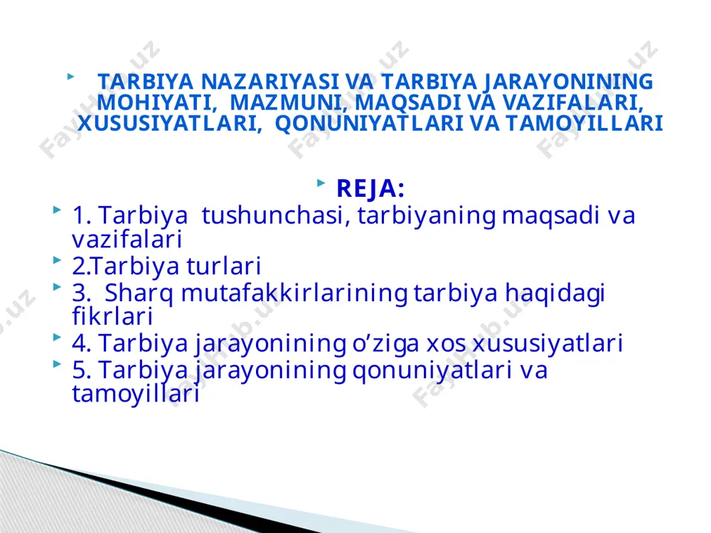 agona jarayondir. hayotimning barchasi, aslini olganda, faqat birgina davomli tarbiyadir. - tarbiya jarayoni dialektik xususiyatga ega: - tarbiya jarayoni ham ikki tomonlama jarayondir: - tarbiya natijalarining bir xil bo’lmasligi: - tarbiyaning komleks ya‘ni yaxlit xususiyaiga ega ekanligi. oila, turli jamoa tashkilotlari, fan-texnika, adabiyot, san‘at, ommaviy axborot vositalari, radio, televidenie va boshqalar ham tarbiyaga kuchli ta‘sir ko’rsatadi. tarbiya jarayonida shaxsning turli qobiliyatlari rivojlanadi, g’oyaviy aqliy, irodaviy, estetik xislatlari shakllanadi, tabiatga, jamiyatga ilmiy qarashlari tarkib topadi, jismoniy kuch-quvvatlari mustakamlanadi. tarbiya jarayonining tuzilishi. tarbiya jarayoni quyidagi bosqichlarni o’z ichiga oladi: - tarbiyaviy vazifalarni belgilash; - uning mazmuning, shakl va metodlarini aniqlash amaliy ko’nikma va malakalarni tarkib toptirish - o`quvchi-talabalarini umumiy talablar, me‘yorlar bilan tanishtirish; ularda ilmiy dunyo qarash va e‘tiqodlarni shakllantirish; ) sharq mutafakkirlarining tarbiya haqidagi fikrlari mashhur shaxslarning tarbiya haqidagi fikrlaridan. bilim, ma‘rifat yaxshi hulq, axloq bilan bezanmog’i lozim. (abu nasr farobiy) “bizga bitiruvchilar emas, maktab ta‘lim-tarbiyasini ko’rgan shaxslar kerak” o’zbekiston respublikasi …