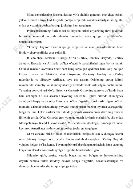 akkab duragaylash g’arbiy osiyoda vujudga kelgan bo’lsa kerak. tuyaning bir turi hisoblangan urkachsiz lama va uning kenja turi al’naka amerikda qo’lga o’rgatilib honakilashtirilgan. shunday qilib, xozirgi vaqtda bizga ma`lum bo’gan uy hayvonlarining deyarli hamma turlari ibtidoiy davrda qo’lga o’rgatilib, honakilashtirilgan va ibtiodiy chorvachilik shu tariqa vujudga kelgan. dehqonchilik va chorvachilikning taraqqiy etishi ibtidoiy kishilarning iqtisodiy hayotda katta rol’ o’ynab, jamiyatda notekis rivojlanish kuchayishiga sabab bo’lgan. bu holat ibtidoiy jamoa tuzilishining oxirlarda mulkiy tengsizlik va tabaqalar vujudga kelayotgan vaqtda yanada yoqqolroq ko’zga tashlanadi. neolik davrining ikkinchi yarimidan boshlab ishlab chiqarish kuchlarining yanada rivojlanishi urug’chilik jamiyatining yangi tashkilotga patriarxatga lotincha pater (ota) o’tishga majbur etgan. yuqorida ta`kidlab o’tkanimizdek matriarxat va patriarxat urug’chilik jamiyati tashkilotining ikki uzviy tarixiy shakllarini ibtidoiy tarixning ikki uzviy davrni tashkil etadi. matriarxatdan patriarxatga o’tish negizida ishlab qiarish kuchlarnig yuksalishi yotadi. ishlab chiqarish kuchlarining o’zi nima? moddiy boyliklarni ishlab chiqarishda vosita bo’ladigan qurollari va ma`lum ishlab chiqarish tajribasiga va …