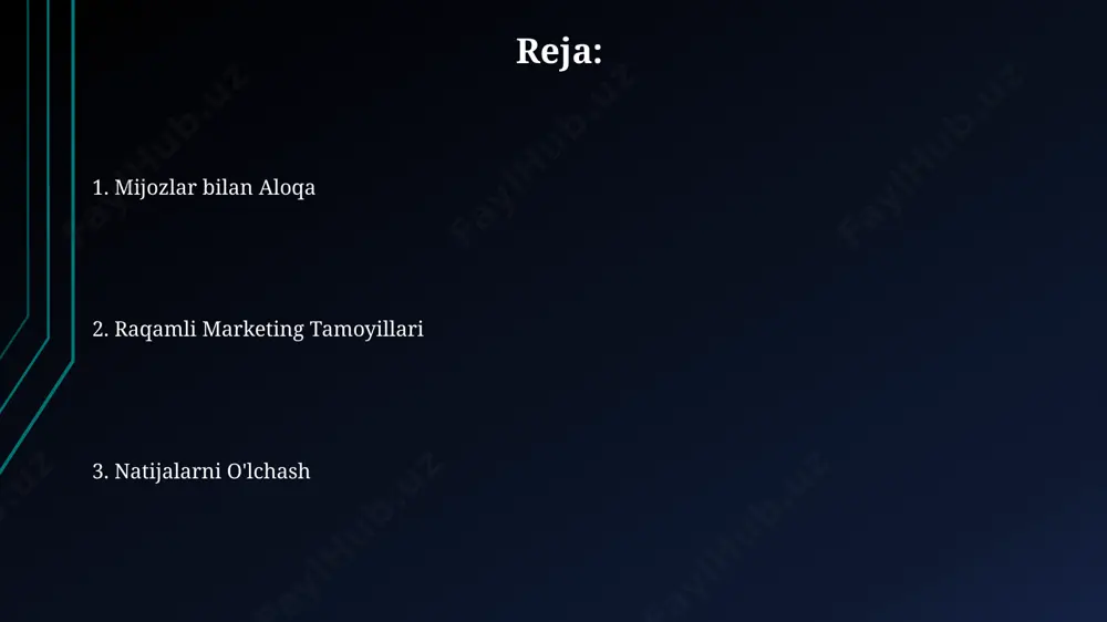 hga qaratilgan bo'lishi kerak. samarali kontent-marketing strategiyasi google analytics va boshqa tahlil vositalaridan foydalanib, kamida 3 ta turli xil tarkib (matn, video, infografika)ni yaratish orqali 1000 dan ortiq noyob foydalanuvchini jalb qilishni o'z ichiga olishi kerak. byudjet va investitsiyalar 2023 йилда тошкентдаги кичик бизнес учун рақамли маркетингга 5000 ақш доллари миқдоридаги инвестиция 20% фоизга сотувларни ошириши мумкин. фейсбук ва инстаграмдаги таргетингли реклама кампанияларига 1000 ақш доллари сарфлаш самарқанддаги онлайн-дўкон учун 300 дан ортиқ янги обуначи олиб келиши мумкин. konversiya optimizatsiyasi saytning yuklanish tezligini 2 sekundga qisqartirish, google analytics ma'lumotlariga ko'ra, samarqanddagi bir onlayn do'konda konversiyani 10% ga oshirdi. o'zbekistonning 2023 yildagi raqamli marketing hisobotlariga ko'ra, konversiya optimizatsiyasi yordamida o'rtacha 30% ga sotuvlar hajmini oshirish mumkin. ijtimoiy media marketingi samarqand va toshkent kabi yirik shaharlarda joylashgan bizneslar uchun mahalliylashtirilgan tarkib va geotargetirlangan reklama kampaniyalari orqali 20% ga yaqin konversiya o'sishiga erishish mumkin. tiktok kabi qisqa video platformalari o'zbekiston bozorida tez sur'atlar …