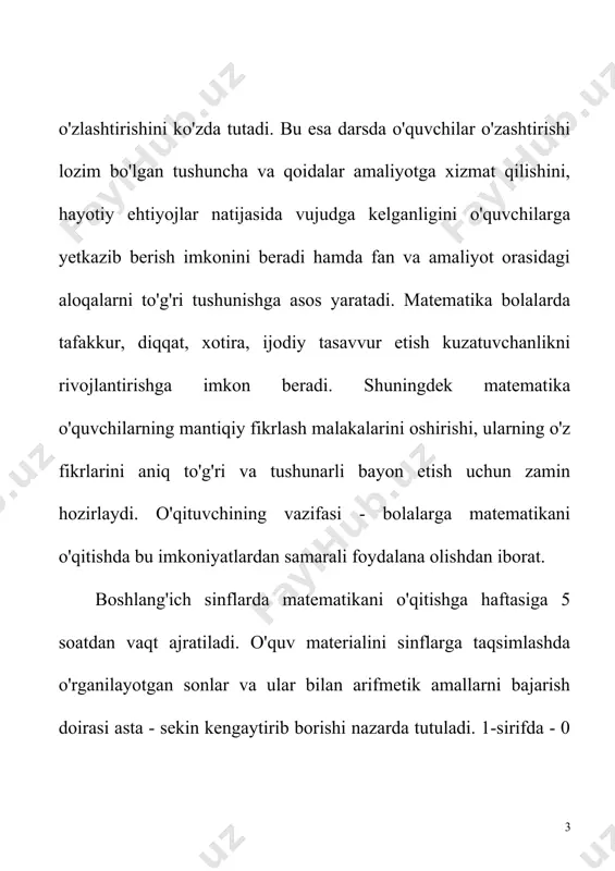 , minus - ayirish), munosabat belgilari (katta, kichik, teng) bilan tanishishlari hamda (2 va 6 sonlari yig'indisi) 9-2 (9 va 2 sonlari ayirmasi) va boshqa shunga o'xshash eng sodda matematika ifodalarni o'qish va yozishni o'rganib olishlari kerak. umumiy o'rta ta'lim ikki bosqichdan iborat bo'lib, boshlang'ich va umumiy o'rta ta'limni qamrab oladi. umumiy o'rta ta'limning davlat ta'lim standarti boshlang'ich hamda umumiy o'rta ta'lim nihoyasida o'quvchilar egallashi lozim bo'igan bilim, ko'nikma va malakalarning minimal darajasini belgilab beradi. har bir sinf yakunida o'quvchilar egallashi lozim bo'lgan bilim, ko'nikma va malakalar fanlar bo'yicha ishlab chiqilgan o'quv dasturlari bo'yicha o'z aksini topadi. boshlang'ich sinflarda o'quvchilar matematikadan quyidagi bilim, ko'nikma va malakalarni egallashlari shart. a) sonlar va hisoblashlarga oid: - sonlarni o'qish va yozish, ularni xona qo'shiluvchilarining yig'indisi ko'rinishidagi yozuvini tushuntirish. - sanoq texnikasini egallash (to'g'ri va teskari tartibda sanash, juftliklar va o'nliklar bilan sanash, sondan oldin va keyin keluvchi sonni aytish kabi)lar. - natural sonlarni …