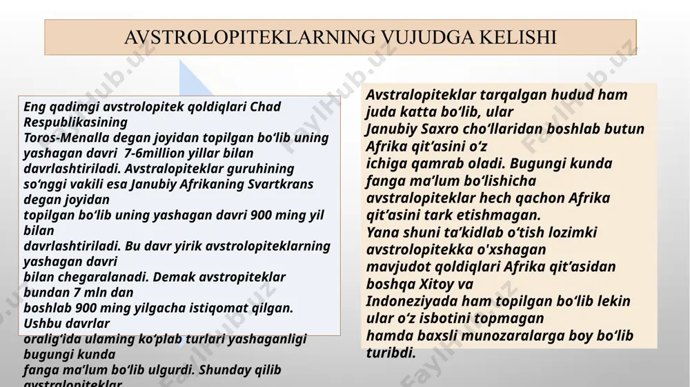 (baxr al g‘azallik avstrolopitek) ning qoldiqlari topilgan avstrolopiteklarning boshqa vakillari qit’aning janubidan ya’ni jar (janubiy afrika respublikasi)ning taung, sterkfonteyn va makapansgat degan joylaridan topilib ulami bitta turga australopithecus africanus (afrikalik avstrolopitek)ka ajratishgan. bu turga fanda mashhur birinchi avstrolopitek qoldig‘i bo'lgan yosh bola bosh chanog‘i suyagi “taunglik bola” mansubdir. ular bundan taxminan 3,5-2,4 mln yillar ilgari vaqt oralig‘ida yashashgan. eng so‘nggi rivojlangan avstrolopitek qoldiqlari bundan taxminan 2,5 mln yillar ilgari yashagan bo‘lib ularning qoldiqlari efiopiyaning bouri degan joyidan topilgan va australopithecus garhi (garxi avstrolopiteki) deb nomlangan. e'tiboringiz uchun rahmat! image2.png image4.jpeg image3.png image1.png /docprops/thumbnail.jpeg