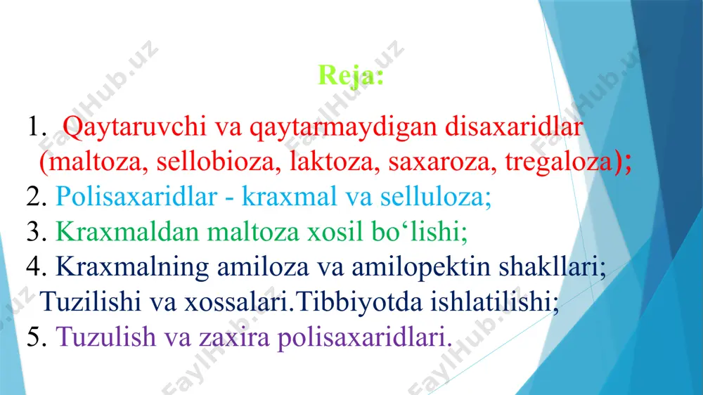 aridlarga farqlanadi qaytarilaoladigan disaxaridlarda bitta monosaxarid o'zining glikozid gidroksili bilan ikkinchi monosaxarid esa o'zining glikozid bo'lmagan gidroksili bilan bog'langan bo'ladi. qaytarilaolmaydigan disaxaridlarda xar ikkala monosaxarid o'zining glikozid gidroksili bilan bog'langan bo'ladi. laktoza c12h22o11 maltoza c12h22o11 qaytarilaoladigan disaxaridlarga: saxarozac12h22o11 qaytarilaolmaydigan disaxaridlarga: tregaloza c12h22o11 saxaroza. saxaroza qamish shakari, lavlagi shakari, oddiy shakar ko'pgina o'simliklarda qayin shirasida sabzida, qovunda, shaftoli, nok, ananas tarkibida bo'ladi. saxaroza miqdori qandlavlagida 29% gacha, shakarqamishda 14-16% odatdagi shakar. u shirin ta`mli, rangsiz kristall modda, suvda yaxshi eriydi 160°cda suyuqlanadi. suyultirilgan saxaroza sovitilsa, shaffof amorf massa - karamel hosil bo'ladi. saxaroza α- d - glukoza va β - d fruktoza qoldiqlaridan tuzilgan saxaroza - qaytarilmaydigan disaxaridlar jumlasiga kiradi. kislotali muhit va fermentlar (inversiya jarayoni) ta'sirida glikozid bog'ining gidrolitik (gidroliz) parchalanishida saxaroza qaytaruvchi xossasiga ega bo'lgan monosaxaridlar α-d-glukozaga va β-d -fruktozaga gidrolizlanadi. c12h22o11 + h2o → c6h12o6 + c6h12o6 saxaroza glukoza fruktoza saxaroza molekulasida osonlikcha karbonil gruppaga o'tadigan yarimatsetal gidroksil …