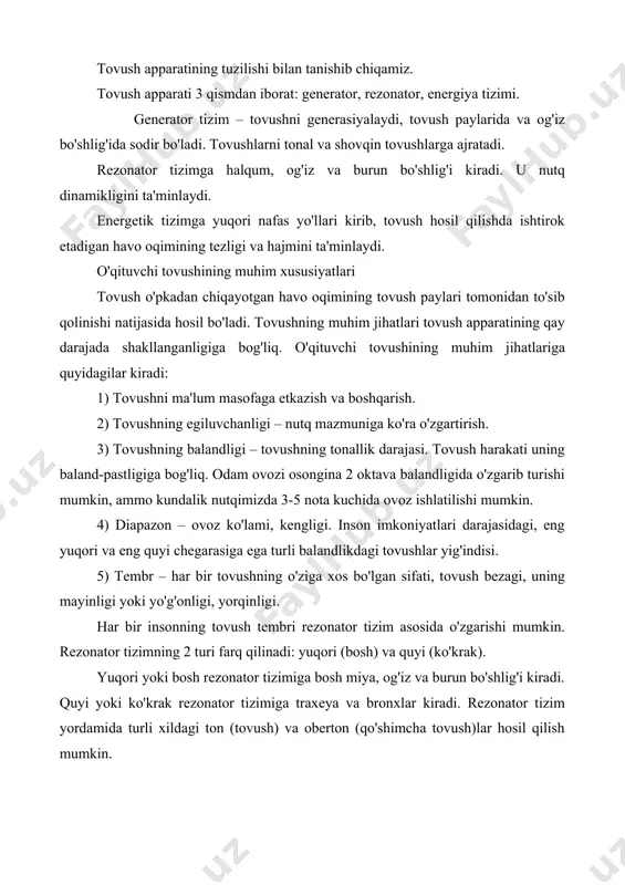 ng 2 turi farq qilinadi: yuqori (bosh) va quyi (ko'krak). yuqori yoki bosh rezonator tizimiga bosh miya, og'iz va burun bo'shlig'i kiradi. quyi yoki ko'krak rezonator tizimiga traxeya va bronxlar kiradi. rezonator tizim yordamida turli xildagi ton (tovush) va oberton (qo'shimcha tovush)lar hosil qilish mumkin. 6) ritmika – tovush va so'zlarni talaffuz qilishdagi umumiy tezligi, davomiyligi, ovoz maromi yoki vazni. ba'zi bir so'zlarning, bo'g'inlarnnng talaffuzi, ularning tezligi - nutqning sur'atini tashkil etadi. 7) temporitm - so'zlar orasidagi tanaffuslardir. 8) nutq tezligi o'qituvchining shaxsiy sifatlari, nutq mazmuni, muloqot qilish vaziyatiga, har bir o'qituvchining fazilati nutq mazmuni va muomala vaziyatiga bog'liq. individual tarzda tashkil etiladigan maqsadli va aniq yo'naltirilgan mashqlar tovush tembriga ta'sir etadi, tovushdagi noo'rin qo'shimcha tovushlarni yo'qotishga yordam beradi. diksiya. diksiya – tovush va so'zlarni aniq, tushunarli talaffuz qilish, ya'ni tovush hosil qilishda lab, til, jag', yumshoq va qattiq tanglay, tilcha, halqum, tovush paylari ishtirok etadi. agarda ulardan birortasining faoliyati …