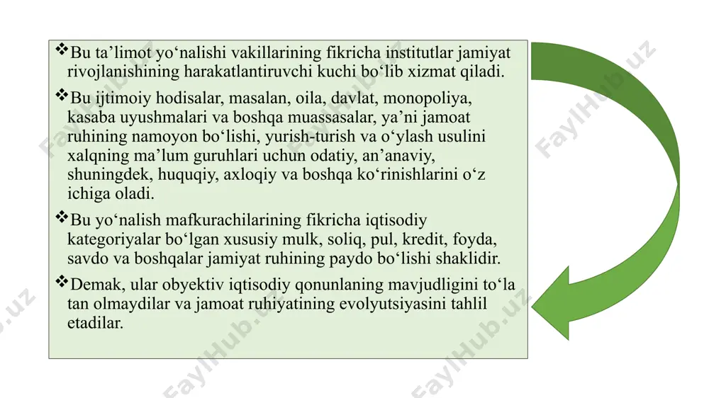 ziquvchanlik kiritiladi. uning fikricha dastlabki instinkt awal oilaga g‘amxo‘rlikda namoyon bo‘ladi, keyinchalik esa jamiyat va butun insoniyatga bo‘lgan g‘amxo‘rlikka aylanib boradi. darvinizm (biologik) g‘oyalari iqtisodiyotga tatbiq etiladi. veblen ≪bekorchi sinflar nazariyasi≫ (≪teoriya prazdnogo klassa≫) kitobida quyidagilami yozadi: ≪jamiyatdagi odamning hayoti boshqa turdagi hayot kabi mavjudlik uchun kurashdir va demak, tanlanish va moslashish jarayonini aks ettiradi. jamiyat strukturasining evolyutsiyasi institutlaming tabiiy tanlanish jarayonidir≫. insonning ongli harakatiga yetarlicha baho bermasdan, odamlaming yurish-turishi g‘ayriixtiyoriy saboqlar, instinkt, fe’l-atvor va odatlar orqali tushuntiriladi. jamiyat rivoji biologik qonuniyatlar bilan bir xil, deb qaraladi, proletariatnig sinfiy kurashi inkor qilinadi, markscha inqilobga darvinistik evolyutsionizm qarama-qarshi qo‘yiladi. veblen zamonaviy industrial texnokratik konsepsiyalar asoschisi bo‘lib hisoblanadi. industriya olamiga alohida e’tibor beriladi va unga barcha ishlab chiqaruvchilar va birinchi navbatda, muhandislar va ishchilar kiritiladi. industriya olami mehnat unumdorligini o‘stirish, ishlab chiqarish jarayonini yaxshilash va samaradorlikni oshirishni bosh maqsad qilib qo‘yadi. ishlab chiqarish asosan texnik ko‘rsatkichlar, masalan, texnik asos darajasi, malaka, bilim …