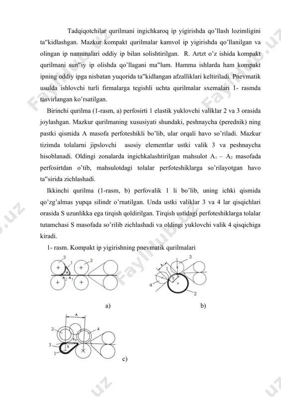 a oldingi yuklovchi valik 4 qisqichiga kiradi. 1- rasm. kompakt ip yigirishning pnevmatik qurilmalari a) b) c) a) – ustki perfonaychali; b – perfovalikli; v – pastki perfonaychali. uchinchi qurilma (1-rasm, c) xuddi birinchi qurilmadagidek perfosirt (perfopeshnaycha) 1 ga ega, lekin u oldingi yuklovchi valik 2 tagida joylashgan. perfosirt ichida egiluvchan naycha 3 o’rnatilgan bo’lib, unda oldingi valik 2 qisqichi s dan perfosirt uchi s1 gacha cho’zilgan tirqish mavjud. tirqish uzunligini ip assortimenti hamda tolaga qarab rostlash mumkin. uchchala qurilma vazifasi jihatdan ingichka iplarga mo’ljallanganiga qaramay keng tarqalgan, chiziqiy zichligi 50, 33 va 24,4 teks bo’lgan paxta ipida sinab ko’rilgan. halqali yigirish mashinalarini modernizatsiyalab, kompakt ip yigirishga moslashgan rieter firmasi modellari (g 35m) o’zbekiston to’qimachilik korxonalari («shovat teks», «uzteks toshkent»)da ishlatilmoqda. perfovalikli pnevmatik kompakt ip yigirish mashinalari «indorama qo’qon» hamda «osborn tekstil» korxonalarida yaxshi ko’rsatkichlar bilan eksplatatsiya qilinmoqda. kompakt ip yigirish mashinasi cho’zish asbobining kompaktlash zonasida tolalarni jipslash 2-rasmda tasvirlangan. …