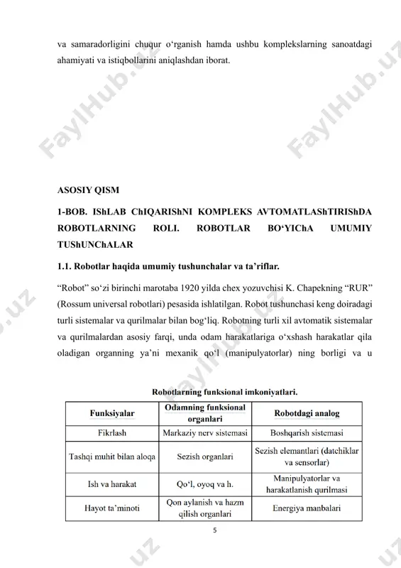 ashkil topgan statsionar (qo‘zg‘almas) yoki ko‘chma avtomatik mashina. texnik adabiyotda bundan ham qisqaroq ta’rif uchraydi: canoat roboti (sr) - sanoatda ishlatishga mo‘ljallangan qayta dasturlanuvchi avtomatik manipulyator. robototexnik tizim deb, shunday texnikaviy tizimga aytiladiki, unda energiya, massa va axborotlar bilan bog‘liq o‘zgartirishlar va aloqalar sanoat robotlaridan foydalanilgan holda aks etadi. sanoat robotlari tomonidan o‘rnini bosa oladigan funksiyalari va ular bajara oladigan operatsiyalarga ko‘ra robotlashtirilgan texnologik majmua va robotlashtirilgan ishlab chiqarish majmualari farqlanadi. bitta sanoat roboti o‘zaro harakatda bo‘ladigan bir yoki bir nechta texnologik jihozlardan hamda majmua ichidagi ishning to‘la avtomatik siklini va boshqa ishlab chiqarishlarning kirish va chiqish oqimlari bilan aloqalarni ta’minlovchi yordamchi jihozlar yig‘indisidan iborat ishlab chiqarish vositalarining avtonom harakat qiluvchi to‘plamiga robotlashtirilgan texnologik majmua deyiladi. yig‘ish, payvandlash, bo‘yash kabi texnologik jarayonlarga oid asosiy operatsiyalarni bajaruvchi bitta sanoat robotidan hamda majmua ichidagi texnologik jarayonlarning avtomatlashtirilgan siklini to‘la ta’minlovchi yordamchi jihozlar yig‘indisidan iborat avtonom harakat qiluvchi ishlab chiqarishning texnologik vositalari to‘plamiga …
