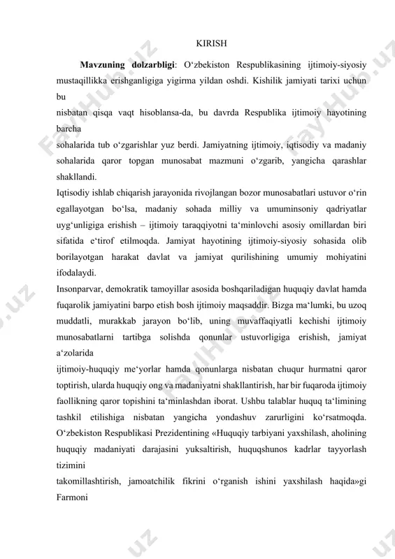 ning psixikasi haqida batafsil ma‘lumotlarni bergan. o‘smirlar to‘g‘risida umumiy tushuncha. hozirgi davrda o‘smirlarni tarbiyalashning o‘ziga xos xususiyatlari, qonuniyatlari, imkoniyatlari, xattiharakat motivlarining ifodalanishi va vujudga kelishining murakkab mexanizmlari mavjud. shuni alohida ta‘kidlash kerakki, o‘smirlarni tarbiyalashda ularning xususiyatlarini tula hisobga olgan holda ta‘limni-tarbiyaviy tadbirlarni qo‘llash shaxslararo munosabatda anglashilmovchilikni vujudga keltirmaydi, sinf jamoasi o‘rtasida iliq psixologik iqlimni yaratadi. turg‘unlik yillaridagi so‘z bilan ishning nomuvofiqligi, axloq tarbiyasidagi qo‘pol xatolar o‘smirlarning ruhiy dunyosiga salbiy ta‘sir ko‘rsatdi. insonning ruhiy dunyosini tubdan qayta qurish, tarbiyani insonparvarlashtirish harakati boshlangan hozirgi kunda o‘smirlar taqdiri masalasi ham g‘oyat jiddiy tus oldi. o‘smirlik davri taqlidchanligi, muhim nuqtasi nazarning shakllanmaganligi, hissiyotliligi, mardligi, tantiligi bilan farqlanadi. shuning uchun tashki ta‘sirlarga beriluvchan o‘smir o‘g‘il-qizlarga alohida e‘tibor berish zarur. o‘smirlar muammosiga e‘tiborni kuchaygirish zarurligining asosiy sabablari: 1) fan va texnika rivojlanishi natijasida madaniyat, san‘at va adabiyot, ijtimoiy-iqtisodiy shartsharoitlarning o‘zgarayotgani 2) ommaviy axborot ko‘lamining kengayishi tufayli o‘smirlar ongliligi darajasining kutarilgani; 3) o‘g‘il va qizlarning dunyo voqyealaridan, …