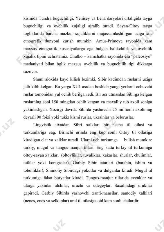borib tarkaladi. neolit davriga kelib ibtidoiy ovchi va balikchi elatlar amur, yenisey, lena va ob kabi yirik daryo voxalarini, kamchatka va chukotkaning ichkari soxillarini xam eagallab olganlar. usha davrlardan xozirgacha yetib kelgan til turkumlari paydo bulgan. butun sharkiy sibirni yeniseydan oxot dengizigacha egallayu olgan “paleosiyoliklar” bir necha mustakil etnolingvistik birikmalardan iborat edi. ular uz navbatida turli tilda gapiradigan mayda turkumlarga bulingan. amur voxasining ancha kismini gilyaklar, oxot dengizi soxillari va kisman chukotkani koryak va chukchilarning ajdodlari, kamchtka va bering kirgoklarini eskimoslar, ob va yeniseyning yukori okmini ketlarga kardosh kabilalar, yukori lena va baykalbuylarini yukagirlar egallagan eid, ural buyi da ya'ni ob daryosining pastki va urta okimlarida eramizdan avvalgi u-111 ming yillikda ural til oilasiga oid ugor xalklari xam samodiylar joylashgan. mazkur elatlar ovchilik va balikchilik bilan shugullanganlar. janubiy sibir dahshtlarida neolit davrida turli ovchi kabilalari daydib yurganlar. eramizdan avvalgi 111 ming yilliklar bu yerda grabdan kelgan yevropoid tipidagi chorvachilik bilan …