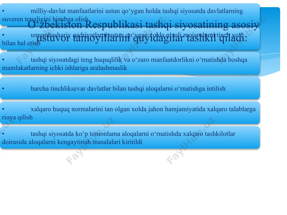 a mos keladi. o‘zbekiston bu tashkilotga 105-a’zo bo‘lib kirdi. mustaqil o‘zbekiston 2001 yilning iyun oyida “shanxay beshligi” deb yuritilgan xalqaro tashkilotning xxrni shanxay shahrida chaqirilgan sammitida bu tashkilotning to‘la huquqli a’zosi bo‘ldi. 1998 yili tashkil etilgan “shanxay beshligi”da xitoy, rossiya, qozog‘iston, qirg‘iziston va tojikiston respublikalari a’zodir. shundan keyin “shanxay hamkorlik tashkiloti” nomi bilan yuritilib bosh maqsad har tomonlama hamkorlik o‘rnatishdan iborat bo‘lib, ayni bir vaqtda xalqaro terrorizm va ekstremizmga qarshi kurashni tashkilotning faoliyat markazida turadigan bo‘ldi. terrorizmga qarshi kurash qarorgohi (shtabi) bishkekdan toshkentga ko‘chirildi. tashkilotning aniq vazifalarini tashqi ishlar, mudofaa vazirliklarining kengashlarida hal qilinadi. 2016 yil iyun oyida toshkent shahrida bo‘lib o‘tgan shht yig‘ilishida pokiston va hindiston tashkilotning teng a’zosi sifatida qabul qilindi. 2022-yilda samarqandda navbatdagi shht sammiti bo’lib o‘tdi. iqtisodiyotga xorijiy sarmoyalarni jalb etishda o‘zbekiston quyidagi tamoyillarga amal qiladi: • tashqi iqtisodiy faoliyatni erkinlashtirish • ilg‘or texnologiyaning kirib kelishiga, xo‘jalik tarkibini zamonaviylashiga ko‘maklashadigan xorijiy sarmoyalarga nisbatan “ochiq eshiklar” siyosatini …