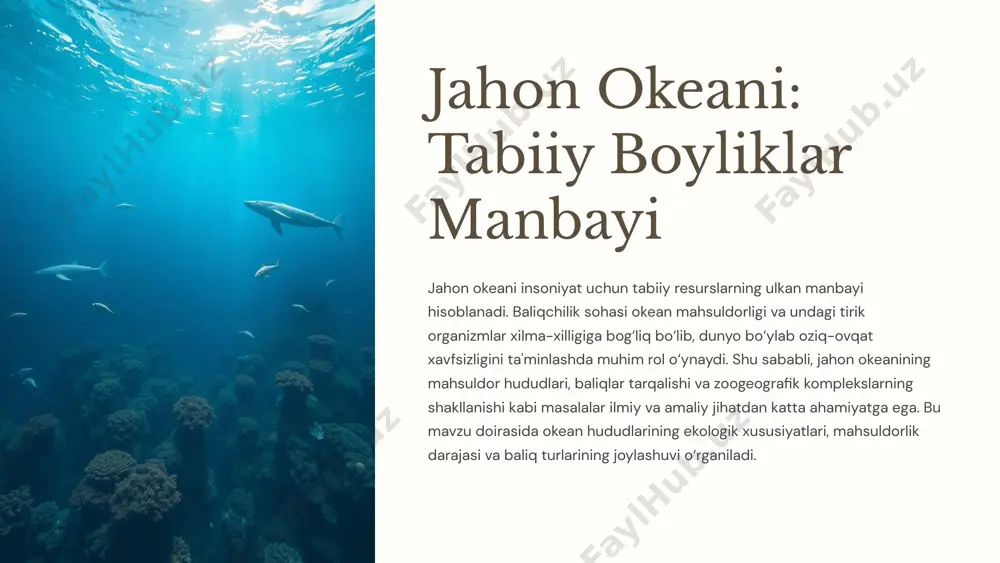 yuqori bo‘lib, oziq moddalar ko‘p bo‘lmagan hududlarda esa nisbatan kamroq uchraydi. yuqori mahsuldorlik oziq moddalar ko‘pligi tufayli baliq populatsiyalari yuqori bo‘ladi. baliqlarning tarqalishi mahsuldor hududlarda yuqori, kamroq mahsuldor hududlarda esa kamroq bo‘ladi. 5 baliqlarning biologik xilma-xilligi jahon okeanida baliqlarning turli xil turlari uchraydi, ularning ko‘plab biologik xilma-xilligi har bir okean hududi uchun o‘ziga xos. masalan, atlantika okeanida halibut, tunetsimon baliqlar va makrellar kabi turlar keng tarqalgan bo‘lsa, tinch okeani qorako‘z baliq va qizil losos kabi turlarga boy. har bir hududning ekologik sharoitlari baliqlar xilma-xilligiga va o‘ziga xos biologik moslashuvlariga ta’sir qiladi. okean baliq turlari atlantika halibut, tunetsimon baliqlar, makrellar tinch qorako‘z baliq, qizil losos 6 baliqlarning zoogeografik tarqalishi baliqlarning zoogeografik tarqalishi ularning har bir okean hududi bo‘yicha joylashuvi va turli iqlim zonalaridagi xilma-xilligi bilan tavsiflanadi. zoogeografik hududlar baliqlarning tarqalishiga ta’sir ko‘rsatuvchi geografik va ekologik omillar bilan belgilanadi. masalan, tropik zonalarda baliq turlari xilma-xilligi ko‘proq bo‘lib, sovuq mintaqalarda esa ayrim moslashgan …