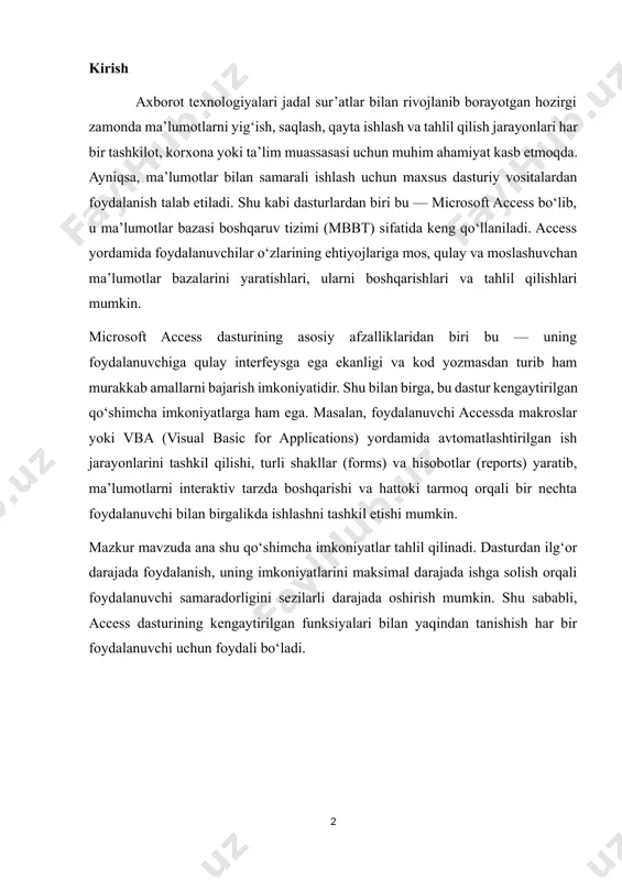 foydalanuvchi uchun foydali bo‘ladi. 1. ma’lumotlar bazasini avtomatlashtirish: makros va vba (visual basic for applications) yordamida microsoft access dasturining eng kuchli jihatlaridan biri — bu avtomatlashtirish imkoniyatlaridir. avtomatlashtirish yordamida foydalanuvchi tomonidan tez-tez bajariladigan bir xil amallarni dastur o‘zi avtomatik ravishda bajaradi. bu esa nafaqat vaqtni tejaydi, balki inson xatolarining oldini olishga ham yordam beradi. access dasturida avtomatlashtirish asosan ikki asosiy vosita orqali amalga oshiriladi: makroslar va vba (visual basic for applications) tili. makroslar orqali avtomatlashtirish makros — bu accessdagi oldindan yozilgan buyruqlar ketma-ketligi bo‘lib, foydalanuvchi tomonidan tanlangan voqealar (masalan, tugmani bosish, forma ochilishi yoki yopilishi) yuz berganda bajariladi. ular dasturlash tajribasiga ega bo‘lmagan foydalanuvchilar uchun juda qulay vositadir. masalan, siz bir tugma orqali ma’lumotlar bazasiga yangi yozuv qo‘shilishini, ma’lumotlarni filtrlash yoki forma ochilishini sozlashingiz mumkin. makroslar quyidagi hollarda keng qo‘llaniladi: tugmalar orqali hisobot yoki shaklni ochish muayyan maydonni avtomatik to‘ldirish ogohlantirish oynasini chiqarish bir nechta amalni ketma-ket bajarish (masalan: forma …