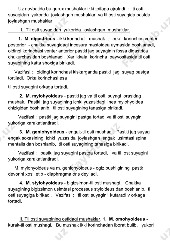 arsa mushak tarafiga buyinni bukadi. umurtkalar xarakatsiz xolatid esa, bu mushaklar i va ii kovurgalarni kutaradi. medial gurux : 1) m. longus colli buyinning uzun mushagi. u navbatida bu mushak xam ikki turdagi tolalardan tashkil topgan : medial tolalar i-iii kukrak umurtkalarining tanasidan, v, vi, vi buyin umurtkalaridan boshlanib, ii, iii, iv buyin umurtkalarinin tanasiga va v, vi, vii buyin umurtkalarining kundalang usimtalarig birikadi. buyin uzun mushagining lateral tutamlari iii-vi buyi umurtkalarining kundalang usimtalaridan boshlanib, i buyin umurtkasining oldingi burtigiga birikadi. vazifasi : bir tomonlama kiskarsa buyin yonga bukiladi, ikk tomonlama kiskarsa buyin oldinga bukiladi. 2) m. longus caritis - boshning uzun mushagi. bu mushak iii-v buyin umurtkalaridan boshlanib, ensa suyagining pars basilaris kismiga birikadi. vazifasi : ikki tomonlama kiskarganda boshni oldinga bukadi,bir tomonlama kiskarganda bosh yon tomonga buriladi. 3) m. rectus capitis anterior - boshning oldingi tugri mushagi. bu mushak i buyin umurtkasining kundalang usimtasidan boshlanib,ensa suyagining asosiga birikadi. …