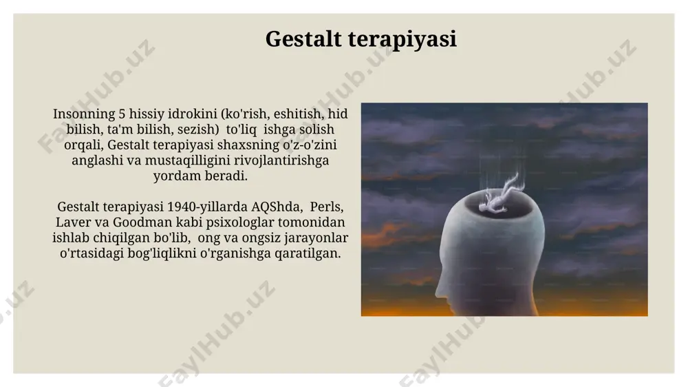 l terapiyaning samaradorligi, 70 dan ortiq ilmiy tadqiqotlar natijalariga ko'ra, tashvish va ruhiy tushkunlikka chalingan bemorlarning 60 foizida ijobiy natijalarni ko'rsatgan. psixoterapiya nazariyasiga kirish psixoterapiya nazariyasi 20-asrning boshlarida, ayniqsa vena va zyux shahrida, psixodinamik yondashuvlarning rivojlanishi bilan shakllandi, 3 asosiy maktabni (psixoanaliz, individual psixologiya va boshqalar) o'z ichiga oladi. psixoterapiya turli xil nazariyalar, masalan, kognitv-xulq terapiyasi (kkt) va gumanistik yondashuvlar, o'z ichiga olgan holda, 50 dan ortiq turdagi davolash usullarini o'z ichiga oladi va dunyoning ko'plab mamlakatlarida qo'llaniladi. e'tiboringiz uchun rahmat @taqdimot_robot image3.jpg image4.jpg image5.jpg image6.jpg image7.jpg image8.jpg image9.jpg image10.jpg image11.jpg image12.jpg image13.jpg image14.jpg image15.jpg image16.jpg image17.jpg