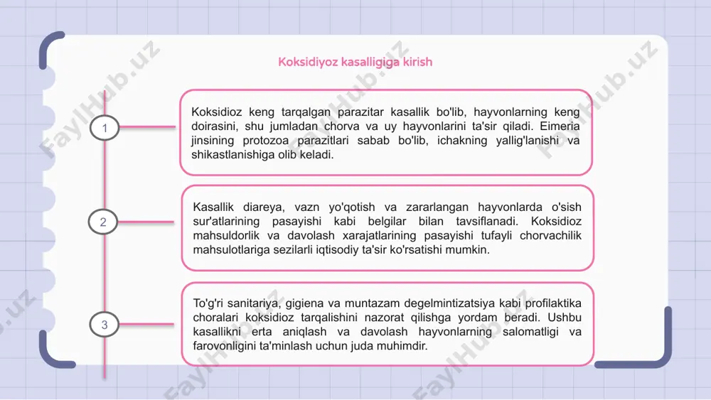 ushbu tsikl kasallikning hayvonlar populyatsiyasida tarqalishini davom ettiradi. koksidiyozning oldini olish va nazorat qilish choralari to'g'ri gigiena amaliyotini, muntazam degelmintizatsiyani va sezgir hayvonlarni emlashni o'z ichiga oladi. ushbu kasallikning chorva mollariga ta'sirini minimallashtirish va hayvonlar salomatligi va farovonligini ta'minlash uchun erta aniqlash va davolash juda muhimdir. 1 2 3 hayvonlarda koksidioz diagnostikasi koksidioz - bu oddiy hayvonlarda qo'zg'atadigan keng tarqalgan parazitar kasallik. ushbu kasallikning diagnostikasi koksidiya ookistlarini aniqlash uchun najas namunalarini mikroskopik tekshirishni o'z ichiga oladi. veterinariya mutaxassislari hayvonlarda koksidioz mavjudligini tasdiqlash uchun najas flotatsiyasi va pcr testi kabi turli diagnostika usullaridan foydalanadilar. erta aniqlash samarali davolash va oldini olish uchun juda muhimdir. hayvonlarda koksidiozni davolash usullari stressni kamaytirish va gigienani yaxshilash uchun dori-darmonlar va boshqaruv usullarini o'z ichiga oladi. kasallikni nazorat qilish uchun to'g'ri tashxis qo'yish va o'z vaqtida aralashuv juda muhimdir. koksidiyozni davolash usullari koksidioz - bu mikroskopik parazit tufayli hayvonlarda keng tarqalgan kasallik. koksidiozni davolash uchun variantlar …