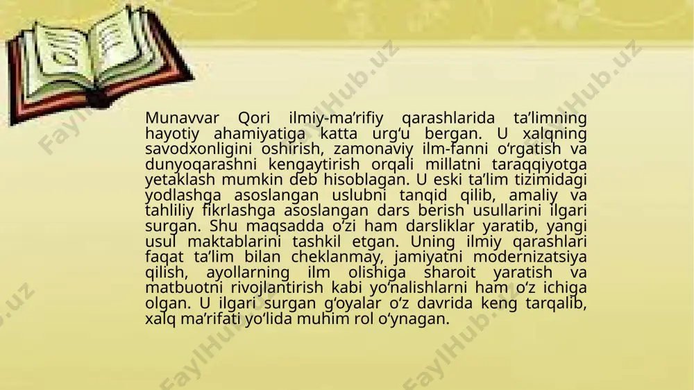 ga olib chiqish, ta’lim metodlarini yangilash va ilg‘or texnologiyalarni qo‘llashni o‘z ichiga oladi. yangi pedagogik yondashuvlar, an’anaviy ta’lim metodlarining o‘rnini egallab, o‘quvchilarni faollashtirish va o‘zgacha fikrlashga undashga qaratilgan. jamiyatda yuz berayotgan o‘zgarishlarga mos ravishda, ta’lim tizimida jamoaviy ish, problemali yondashuv va interaktiv o‘quv jarayonlari keng tarqalmoqda. 4. jamiyat rivojida o‘rni va merosi. jamiyat rivojida o‘rni va merosi, insonlarning o‘z tarixiy, madaniy, iqtisodiy va siyosiy faoliyatlari orqali jamiyatga qo‘shgan hissasini anglatadi. har bir inson yoki jamiyatdagi muhim shaxslar o‘z faoliyati va g‘oyalari bilan jamiyatni rivojlantirishga, yangi qadamlar qo‘yishga, yangiliklar va islohotlar amalga oshirishga xizmat qiladi. jamiyat rivojida o‘rni va merosi madaniy meros, ilm-fan va texnologiya, siyosiy va ijtimoiy islohotlar, etik va axloqiy qadriyatlar hamda ijtimoiy tashkilotlar va liderlar orqali ko‘rinadi. madaniy meros jamiyatning an’analari, san’ati, adabiyoti, til va urf-odatlari orqali boyitiladi. ilm-fan va texnologiyadagi yutuqlar jamiyatni yangi bosqichlarga olib chiqadi, iqtisodiy va ijtimoiy rivojlanishga yordam beradi. siyosiy va ijtimoiy islohotlar jamiyatda …