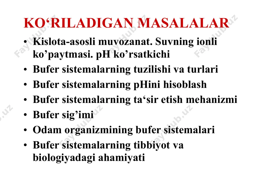 v b = -------------- mmol ph1 - ph0 bu yerda: b - bufer sig’imi; mmol n - titrlovchi eritmaning molar ekvivalent konsentratsiyasi; mmol/l v - titrlovchi eritmaning hajmi; l ph0 - boshlang’ich muhit phi ph1 - ohirigi muhit phi organizmning bufer sistemalari gidrokarbonatli bufer sistema - qonning asosiy bufer sistemasi: h2co3 h+ + hco3 - nahco3 na+ + hco3 - oz miqdorda kuchli kislota qo’shilganda kuchsiz elektrolit h2co3 hosil bo’ladi: h+ + hco3 - = h2co3 oz miqdorda kuchli asos qo’shilganda kuchsiz elektrolit h2o hosil bo’ladi: oh- + h+ = h2o organizmning bufer sistemalari fosfatli bufer sistema - hujayra ichidagi suyuqliklarning asosiy bufer sistemasi: nah2po4 na+ + h2po4 - na2hpo4 2na+ + hpo4 2- oz miqdorda kuchli kislota qo’shilganda kuchsiz elektrolit h2po4 - hosil bo’ladi: h+ + hpo4 2- = h2po4 - oz miqdorda kuchli asos qo’shilganda kuchsiz elektrolit h2o va hpo4 2- hosil bo’ladi: oh- + h2po4 - = …