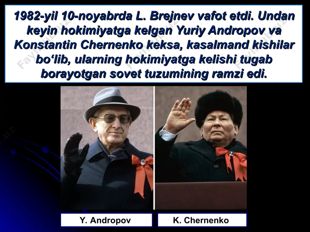 ида қолди. халқимизнинг кўпроқ қишлоқ хўжалиги меҳнатига жалб қилиниши, пахта яккаҳокимлиги каби салбий ҳолатлар, ўлка асосан хом ашё, айниқса пахта хом ашё базасига айлантирилиши бошқа қишлоқ хўжалик экин турларига нисбатан тескари муносабатни шаклланишига олиб келди. қишлоқ хўжалиги майдонларига максимал даражада кимёвий ўғитлар берилиши натижасида халқ соғлом турмуш тарзи айниқса ёш авлод генофонди учун хавф пайдо бўлди. кейинги чорак аср давомида муаммо бўлиб келаётган орол денгизи муоммасини ҳал этиш учун бир қатор лойиҳалар таклиф этилганлигига қарамай, уларнинг бирортаси ҳам жорий этилмади. хх аср 60-йилларидан бошлаб янги ерлар кенг қўламда ўзлаштирилиши, саноат, чорвачилик комплексларининг экстенсив ривожлантирилиши, коллектор-зовур тизимлари қурилсада, улар асосан пахтачилик учун хизмат қилди ҳамда канал, лотоклар сувлари суғориш учун муттасил юқори ҳажмларда олинди. шу боис ҳавзалардаги сувнинг салмоғи камая бошлади. 2. марказнинг ўзбекистонда амалга оширган қатағон сиёсати. “пахта иши” “ўзбек иши” номли кампаниялар марказнинг тазйиқи остида 1984 йилдан ўзбекистондаги раҳбарлик лавозимларига собиқ иттифоқнинг ҳар хил жойларидан «кадрлар десанти» кела бошлади. …