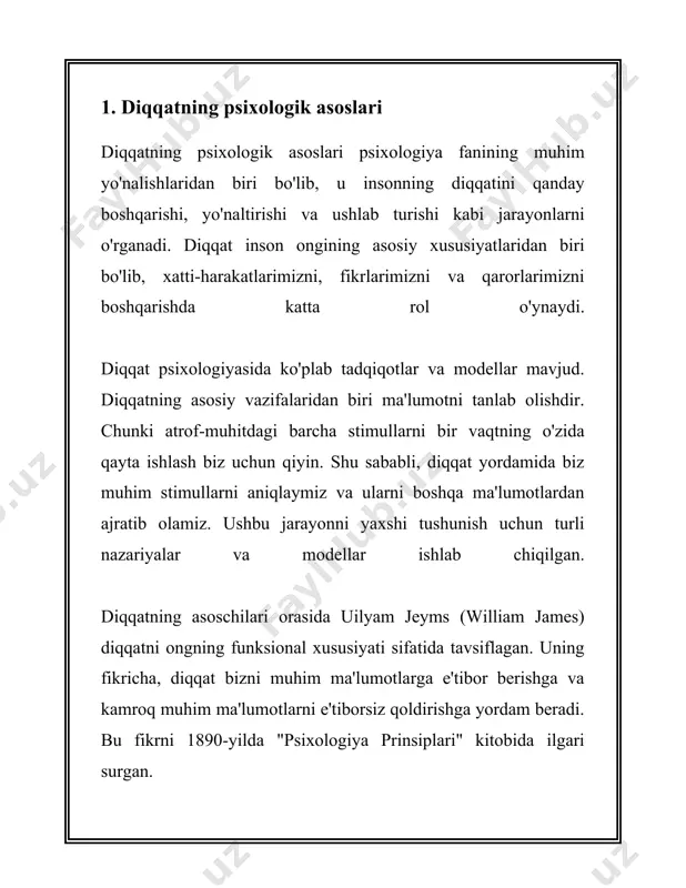 ning rivojlanish bosqichlari diqqatning rivojlanish bosqichlari, insonning aqliy qobiliyatlari ichida muhim o‘rin egallaydi. bu jarayon insonning yoshiga qarab turli bosqichlarda rivojlanadi va har bir bosqich o‘ziga xos xususiyatlar bilan tavsiflanadi. birinchi bosqich, taxminan 0-2 yosh oralig‘ida kuzatiladi. bu davrda bola diqqatning dastlabki belgilari namoyon bo‘la boshlaydi. bolalar to'g'ridan-to'g'ri ta'sirlarga javob beradi va diqqatni ushlab turish qobiliyati juda qisqa muddatli bo'ladi. ushbu davrda diqqatning davomiyligi o'rtacha 3-5 soniyani tashkil etadi. bolalar vizual va eshitish stimullari orqali diqqat saqlashga harakat qiladi. ikkinchi bosqich 2-5 yosh oralig‘ida namoyon bo'ladi. ushbu bosqichda bolalar diqqatini ancha uzoqroq vaqtga qaratishga qodir bo'ladi. diqqat asosan o'yin faoliyatida shakllanadi. bolalar bu davrda bir narsaga diqqatini qaratib, uni 5-10 daqiqa davomida ushlab turishi mumkin. diqqat barqaror bo'lib boradi va kuzatuvchanlik oshadi. biroq, halaqit beruvchi omillar hali ham diqqatni tezda chalg'itishi mumkin. uchinchi bosqich 5-7 yoshni o'z ichiga oladi. ushbu yoshda maktabga tayyorgarlik davri boshlanadi. bolalar diqqatni undan uzoqroq vaqt …
