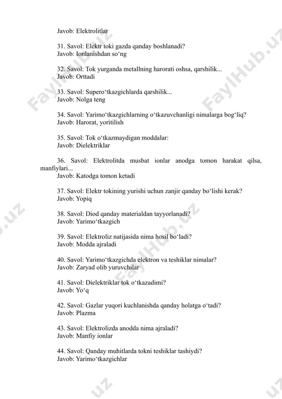 l: magnit oqimi qanday formula bilan aniqlanadi? javob: φ = b·s·cosα 54. savol: φ = b·s·cosα formuladagi α nimani bildiradi? javob: induksiya bilan sirt normal orasidagi burchak 55. savol: magnit oqimining birligi: javob: vebеr (wb) 56. savol: elektromagnit induksiyani kashf qilgan olim: javob: faradey 57. savol: induksiya eyuk formulasi: javob: ε = – dφ/dt 58. savol: elektr zanjiridagi lc kontur nima hosil qiladi? javob: elektromagnit tebranishlar 59. savol: tebranish konturidagi to‘lqin chastotasi formulasi: javob: f = 1 / (2π√(lc)) 60. savol: elektromagnit to‘lqinni kim nazariy jihatdan isbotlagan? javob: maksvell 61. savol: elektromagnit to‘lqin vakuumda qanday tezlikda tarqaladi? javob: 3·10⁸ m/s 62. savol: maxsus nisbiylik nazariyasini kim yaratgan? javob: a. eynshteyn 63. savol: nisbiylikka ko‘ra massa qanday bog‘lanadi? javob: e = mc² 64. savol: foton tushunchasini kim kiritgan? javob: eynshteyn 65. savol: kvant energiyasi formulasi: javob: e = h·ν 66. savol: atom modelini taklif qilgan olim: javob: rutherford 67. savol: atom …
