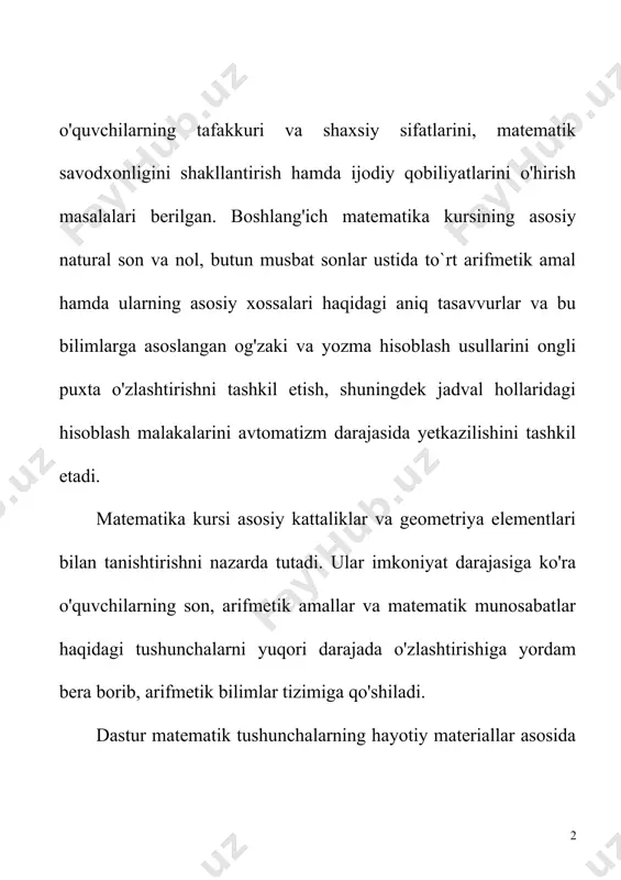 flarga taqsimlashda o'rganilayotgan sonlar va ular bilan arifmetik amallarni bajarish doirasi asta - sekin kengaytirib borishi nazarda tutuladi. 1-sirifda - 0 dan 100 gacha bo'lgan sonlarni raqamlash, 100 ichida sonlarni xonadan o'tmasdan qo'shish va ayirish; 2-sinfda - 0 dan 100 gacha bo'lgan sonlar, 100 ichida sonlarni xonadan o'tib qo'shish va ayirish, jadval ichida ko'paytirish va bo'lish; 3-sinf - i dan 1000 gacha bo'lgan sonlar, to`rt arifmetik amal; 4-sinfda - 1 dan 1 000 000 gacha bo'lgan sonlar, to`rt arifmetik amal kabi mavzular qaraladi. birinchi sinfda o'quvchilar ikki o'nlik ichidagi, ya'ni i dan 20 gacha bo'lgan sonlarning nomlari bilan tanishadilar. bu esa xususan o'quvchilarda narsalarni sanash malakasini hosil qilish uchun qo'llaniladi. raqamlarning yozilishi bilan tanishtirish shu sonlarning ho'sil bo'lishini o'rgatish bilan bir vaqtda amalga oshiriladi, shu sababli ​darsdayoq o'quvchilar i soni bilan tanishadilar va i raqamini daftarlariga yozadilar. shu bilan birga o'qitishning birinchi kunidan boshlaboq bolalarda ba'zi muhim umumlashmalar shakllana boshlaydi …