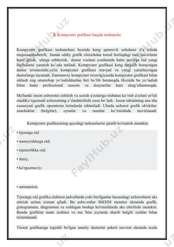 iq qilishda, kosmonavtika, samolyotsozlikda, geografiya va okeanologiyada -xullas qamrovi katta bo'lgan, tez kechadigan jarayonlarni o'rganishda keng qo'llaniladi. shuningdek, ilmiy izlanishlar natijalarini kerakli shaklda diagrammalar, xaritalar, jadvallar va turli matematik formulalar shaklida tasvirlashda ishlatilishi mumkin. ko rgazmaviy grafika - namoyish va tijorat grafikalarining rivoji bo’lib, shu ikkala grafika imkoniyatlarining yig’indisini tashkil etadi. animatsion grafikada – rang bilan ishlashdagi muvofaqiyatlarni, muhandislik grafikasidagiuch o’lchovli obyektlarni modellashtirishdagi yutuqlar bilan qo’shib uyg’unlashtirilgan. iv kompyuter grafikasi uch turga bo'linadi: - rastrli grafika - vektorli grafika - fraktal grafika. ular bir-biri bilan monitor ekranida tasvirlanishi va qog’ozda bosib chiqilishi bilan farqlanadi. dastlabki rastrli va vektorli grafikasi orasidagi farqi grafik tasvirni yaratish texnologiyasi, aks ettirish uslubi, tahrirlash va sahilashda bilinadi. qisqacha qilib bu farqni shunday tushuntirish mumkin: nuqtali grafikada tasvirning minimal elementi nuqta hisoblanadi, vektorli grafikada esa - egri chiziqdir.. rastrli qurilmalarda tasvirlarni tashkil etuvchi nuqtalar majmuasidan vujudga keladi. bu nuqtalar piksellar (pixels) deb ataladi. rastr - bu …
