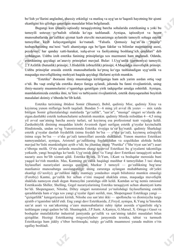 ahldor go‘zallik tuyg‘ularining mohiyatini bilishga intiladigan hodisalar majmui; b) borliqni hissiy idrok etishga asoslangan ong shakli; v) haqiqatni anglash va his qilish, qadriyatlarni bilish va tahlil etishga qaratilgan inson faoliyatining turidir. estetika predmeti, obekti va tadqiqot doirasiga ega fan. ma’lumki, barcha fanlar o‘z predmetiga ega bo‘lib, olamning mohiyatini bilish, borliqning mazmunini tushunish, voqelikni tasavvur qilishga qarab har bir fan o‘z predmetini belgilaydi. olaylik, salomatlik tibbiyotning maqsadi bo‘lsa, uning predmeti - inson salomatligini asrash, mustahkamlash, himoya qiluvchi vositalar, hodisalar, omillar hisoblanadi. biroq, estetikaning predmetini tibbiyotnikidek bir so‘z bilan ifodalash qiyin. mohiyatan insonni paydo bo‘lishi va voqelikni idrok qilish bilan bog‘liq bo‘lgan barcha qadriyatlar estetikaning predmeti bo‘la oladi. jumladan, tabiat va uning estetik xususiyatlari, san’at va uning badiiy obrazlardagi ifodasi, ijod jarayoni va uning qonuniyatlari, jamiyat va uning rivojlanish prinsiplari estetikaning predmeti bo‘lib xizmat qiladi. chunonchi, immanuil kantning nazarida estetikaning predmeti – bu san’atdagi go‘zallik bo‘lib, u estetik muhokama qobiliyatini tanqid sifatida …