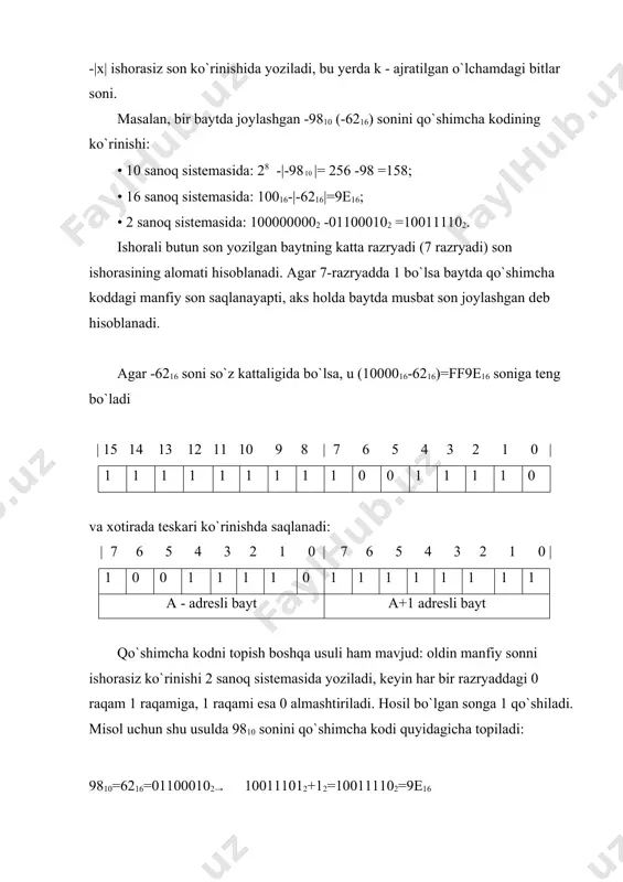 atida 0.510 va -8.510 sonlarining xotiradagi ichki ko`rinishi aniqlaylik: 1) 0.510=0.12=1.0*10-12: s=0, m=1.02, p=-110, q=p+27 10=12610=11111102=7e16 ushbu sonning qisqa formatdagi ko`rinishi quyidagicha bo`ladi; s q m 0 0 1 1 1 1 1 1 0 0 0 0 0 0 0 0 0 0 0 0 0 0 0 0 0 0 0 0 0 0 0 0 31 30 23 22 0 2) -8.510 = -1.0001*101112 : s=1, m=1.00012, p=310, q=p+12710, 13010 = =100000102=8216. ushbu sonning qisqa formatdagi ko`rinishi quyidagicha bo`ladi: s q m 1 10 0 0 0 0 1 0 0 0 0 1 0 0 0 0 0 0 0 0 0 0 0 0 0 0 0 0 0 00 31 30 23 22 0 belgilar xotirada bir bayt joy egallaydi va har bir bеlgi o`zini ikkilik ascii (2-ilova) kodi bilan yoziladi. unda maksimal ravishda 256 bеlgi aniqlanishi mumkin. windows tizimida ikki bayt ajratilgan unicodе …