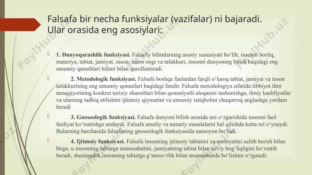 tizm, yunon faylasufi aflotun (er.av.427-347 yillar), xitoy faylasufi chju si (1130-1200), nemis faylasuflari shelling (1775-1854), xegel (1770-1831), neotomizm kabilarning falsafiy tizimlari obyektiv idealizmga mansubdir. dunyoqarash - bu insonni o‘rab turgan dunyo va uning unda tutgan o‘rniga nisbatan qarashlar majmuidir. dunyoqarashning asosiy masalasi - «men» (subyekt dunyosi) va «men - emas» (subyektga nisbatan tashqarida bo‘lgan dunyo) o‘rtasidagi munosabatdir. dunyoqarash dunyo to‘g‘risidagi umumiy g‘oyalar, qarashlar, insonning dunyoda tutgan o‘rni, hayotiy yo‘nalishi, ishonch-e’tiqodi, ideali, bilim tamoyillari, o‘zi va boshqalarning hayotdagi o‘rnini belgilab olishi, inson mohiyatini, o‘zligini anglashi haqidagi qarashlar tizimidir. dunyoqarashning tuzilishi dunyoni sezish, dunyoni idrok etish va dunyoni tushunish kabi eng muhim elementlardan iborat. dunyoni sezish – bu o‘zini qurshagan dunyoni sezgilar yordamida hissiy idrok etishdir. bunda tuyg‘ular, kayfiyat dunyoni go‘yoki ranglarga bo‘yaydi, uning obrazini subyektiv, sof individual sezgilar orqali aks ettiradi. masalan, bemor odamga haddan tashqari yorug‘ bo‘lib tuyulishi mumkin bo‘lgan nur, sog‘lom odam uchun normal bo‘ladi; daltonik ranglar gammasini ko‘rish …