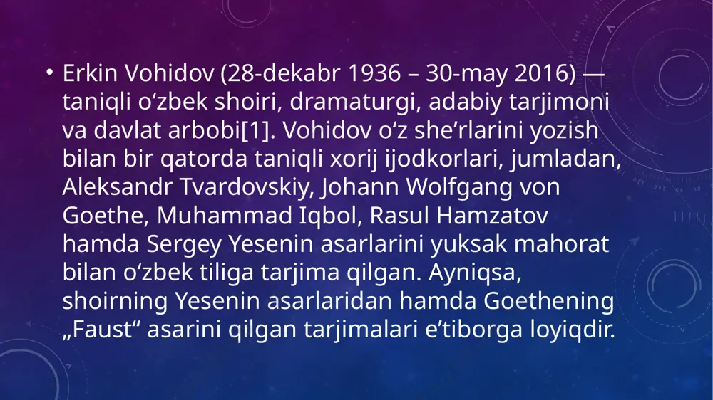 i. shoirning bir necha sheʼriga kuy bastalangan, jumladan, sherali joʻrayev tomonidan. 2020-yilning oktyabrida birlashgan millatlar tashkiloti tuzilganligining 75 yilligi munosabati bilan vohidovning „inson“ sheʼri asosida yozilgan „human“ (inson) ashulasi arab, ingliz, italyan, qozoq, rus, tojik, turk va oʻzbek tillarida taqdim etildi. vohidov koʻplab xorij ijodkorlari, jumladan, aleksandr blok, aleksandr tvardovskiy, friedrich schiller, johann wolfgang von goethe, lesya ukrainka, mixail svetlov, muhammad iqbol, rasul hamzatov, sergey yesenin hamda silva kaputikyan asarlarini oʻzbek tiliga tarjima qilgan. xususan, shoir 1974-yil goethening „faust“ asarini oʻzbekchaga oʻgirgan. shoir yesenin sheʼrlarini ayniqsa yuksak mahorat bilan oʻzbek tiliga tarjima qilgan. quyida yeseninning vidolashish sheʼri boʻlmish „xayr endi, xayr, doʻstginam“ (1925) sheʼrining vohidov qilgan tarjimasi keltirilgan. vohidov oʻzbeklarning eng sevimli shoirlaridan biri. oʻzbekistonda koʻplab muassasa va joylarga shoir nomi berilgan. 2018-yilda margʻilon shahrida erkin vohidov nomidagi maktab-internat ochildi. 2019-yilda esa shaharda erkin vohidov memorial muzeyi ochildi. vohidov hayoti va ijodi haqida koʻplab kitob yozilgan, shu jumladan, „erkin vohidov …