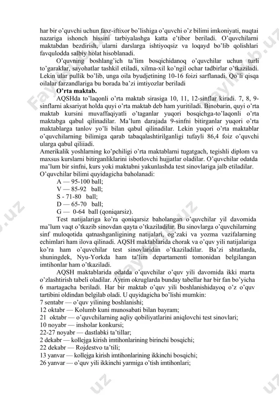 katta avlod amalga oshiradi. o’zbeklar ham o’z ona tilini, urf-odatlarini, dinini o’z farzandlariga singdirishga astoydil intiladilar. o’zbek bolalari ham markaziy osiyoda o’z mamlakatlari borligini biladilar, g’oyibona intiladilar, u haqda ko’p narsalarni ko’rish, eshitish, o’qishni istaydilar. o’zbekistonga kelish har bir amerikalik o’zbeklarning muqaddas orzusidir. besh yoshli bolalar bilan olib boriladigan mashgulotlarning asosini ularni maktabga tayyorlash tashkil etadi. olti yoshlilar bog’cha guruhlarida bo’lsalarda, lekin bu guruhlardagi ta’lim boshlang’ich sinfdagi ta’limga yaqin turib, amalda uning dastlabki bosqichi hisoblanadi. maktabgacha tarbiya muassasalarining ta’lim dasturi ko’p jihatdan ota-onalar bilan hamkorlikda ish olib borishga mo’ljallangan, u pirovard natijada bolalarni boshlang’ich maktablarga puxta tayyorlab berishga xizmat qilishi kerak. shuningdek maktabgacha tarbiya muassasalari bolalarning aqliy va jismoniy, umuminsoniy xislatlarni, bolalar jamoasi ichida o’zini tutish, samimiylik, mehnatsevarlik, foydali xatti-harakatlarning ilk shakllanishiga erishmoqlarini, tozalik, ozodalik va pokizalikka o’rganishlarini ta’minlab berishi lozim. yuqorida aytganimizdek, maktabgacha tarbiya muassasalarining xususiylari ham bor. lekin u yaponiyadagidek rivojlangan emas. amerikada xususiy bog’chalar endigina davlat dasturiga …
