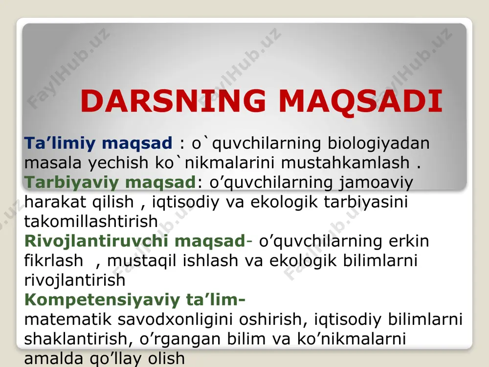 ki molekulasi kislorodli parchalanishga uchragan. bunda sarf bo`lgan kislorod miqdori va to`plangan sut kislotaning miqdorini toping. 3.glikolizga uch molekula glukoza uchragan.hujayrada necha molekula sut kislota ,suv molekulasi ,karbonat angidrid ,atf hosil bo`lgan,qancha miqdor kislorod sarf bo`lgan? mavzuni mustahkamlash: reaksiya tenglamasidagi bo`sh o`rinlarni to`ldiring: c6h12o6+………+2adf=2c 3h6o3+……+2h2o +200 kj c3h6o3+………2+36h3po4+……=6co2+36atf+42h2o+ …..kj uyga vazifa 1.mavzuga oid to`plamdagi testlarni yechish. 2.modda va energiya almashinuvi,oqsil biosinteziga oid masalalarni to`plamlardan topib ishlash. image2.jpeg /docprops/thumbnail.jpeg
