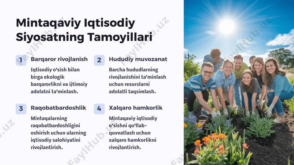 oshirishga yordam beradi. iqtisodiy o'sish xususiy sektor iqtisodiy o'sishni tezlashtirishga hissa qo'shadi. mintaqaviy iqtisodiy siyosatning huquqiy asoslari 1 qonunlar va qoidalarning mavjudligi mintaqaviy iqtisodiy siyosatni amalga oshirish uchun qonunlar va qoidalarning mavjudligi zarur. 2 investitsiyalarni himoya qilish qonunlar investorlarning huquqlarini himoya qiladi va ularning investitsiyalarini jalb qilishga yordam beradi. 3 biznesni rag'batlantirish qonunlar biznesni rivojlantirish va iqtisodiy faoliyatni rag'batlantirish uchun sharoit yaratadi. 4 adolatli raqobatni ta'minlash qonunlar adolatli raqobatni ta'minlash va iqtisodiy o'sishni qo'llab-quvvatlashga qaratilgan. mintaqaviy iqtisodiy siyosatni amalga oshirishda moliyaviy mexanizmlar 1 investitsiyalar mintaqani rivojlantirish uchun investitsiyalarni jalb qilish. 2 grantlar mintaqaviy loyihalarni moliyalashtirish uchun grantlar taqdim etish. 3 kreditlar biznesni rivojlantirish va iqtisodiy faoliyatni rag'batlantirish uchun kreditlar taqdim etish. 4 subsidsiyalar ayrim sohalarni rivojlantirish uchun subsidiyalar taqdim etish. mintaqaviy iqtisodiy siyosatni amalga oshirishda rag'batlantirish tizimi yangi texnologiyalarni qo'llash yangi texnologiyalarni qo'llashni rag'batlantirish. sanoatni modernizatsiya qilish sanoatni modernizatsiya qilishni rag'batlantirish. kichik biznesni rivojlantirish kichik biznesni rivojlantirishni rag'batlantirish. mintaqaviy iqtisodiy …