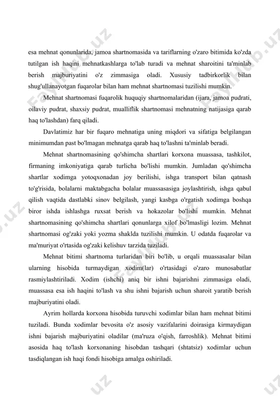 i sinov belgilash, yangi kasbga o'rgatish xodimga boshqa biror ishda ishlashga ruxsat berish va hokazolar bo'lishi mumkin. mehnat shartnomasining qo'shimcha shartlari qonunlarga xilof bo'lmasligi lozim. mehnat shartnomasi og'zaki yoki yozma shaklda tuzilishi mumkin. u odatda fuqarolar va ma'muriyat o'rtasida og'zaki kelishuv tarzida tuziladi. mehnat bitimi shartnoma turlaridan biri bo'lib, u orqali muassasalar bilan ularning hisobida turmaydigan xodim(lar) o'rtasidagi o'zaro munosabatlar rasmiylashtiriladi. xodim (ishchi) aniq bir ishni bajarishni zimmasiga oladi, muassasa esa ish haqini to'lash va shu ishni bajarish uchun sharoit yaratib berish majburiyatini oladi. ayrim hollarda korxona hisobida turuvchi xodimlar bilan ham mehnat bitimi tuziladi. bunda xodimlar bevosita o'z asosiy vazifalarini doirasiga kirmaydigan ishni bajarish majburiyatini oladilar (ma'ruza o'qish, farroshlik). mehnat bitimi asosida haq to'lash korxonaning hisobdan tashqari (shtatsiz) xodimlar uchun tasdiqlangan ish haqi fondi hisobiga amalga oshiriladi. mehnat bitimi ikki nusxada tuziladi. bir nusxasi bajaruvchi(lar)ga beriladi, ikkinchisi esa hisob bo'limi yoki boshka tarkibiy bo'linma hujjatlar yig'masida saqlanadi. tashkiliy hujjatlar …