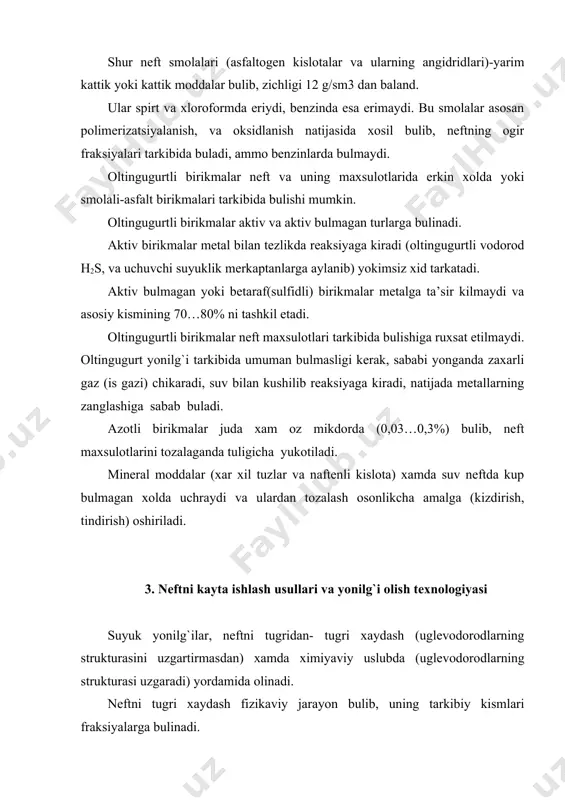 n 8 ga yuboriladi. bu yerdan yengil kaynovchi moddalar rektifikatsion ustun 2 va kup kismi esa trubkali pech 1-ga boradi. neft ilon izi kabi kilingan trubkadan utayotib bir tekis kiziydi. xarorat 330…350 s gacha kutarilib buglanadi. ilon izi trubkadan utayotgan buglarning tezligi asta-sekin 1…2 m/s tezlikdan 60…80 m/s gacha kutariladi. bu esa neftni parchalanishga olib keladi. ustunga utayotgan neft parchalanib tezligi kutariladi, bosim esa pasayadi va bugga aylanadi. neft buglari ustunning tepa kismigacha kutariladi. ustun metall likobchalar bilan ajratilgan bulib, uning uch kismida teshikchalar kuyilgan. rasm 1.neftni xaydash kurilmasi. 1-trubkali, 2,5-rektikat ustunlar (kollonalar) 3,3`-sovutgichlar, 4-kondensator-gaz ajratkich; 6-issiklik almashtirgich, 7-nasos, 8-parlatgich ustun (kallonor). xarorat 40…200 s ga kiziganda eng yengil buglanuvchi kismi benzinga, 140…300s da kerosinga va 230…250 s da esa gazoylga aylanib. kondensator-gaz ajratuvchi 4 ga tushadi. ustunning pastki kismida kolgan kismi esa mazut bulib, kushimcha ravishda kizdiriladi va natijada ikkinchi ustunga yuborilib undan moylar olinadi. ammo, bu jarayonda mazut …