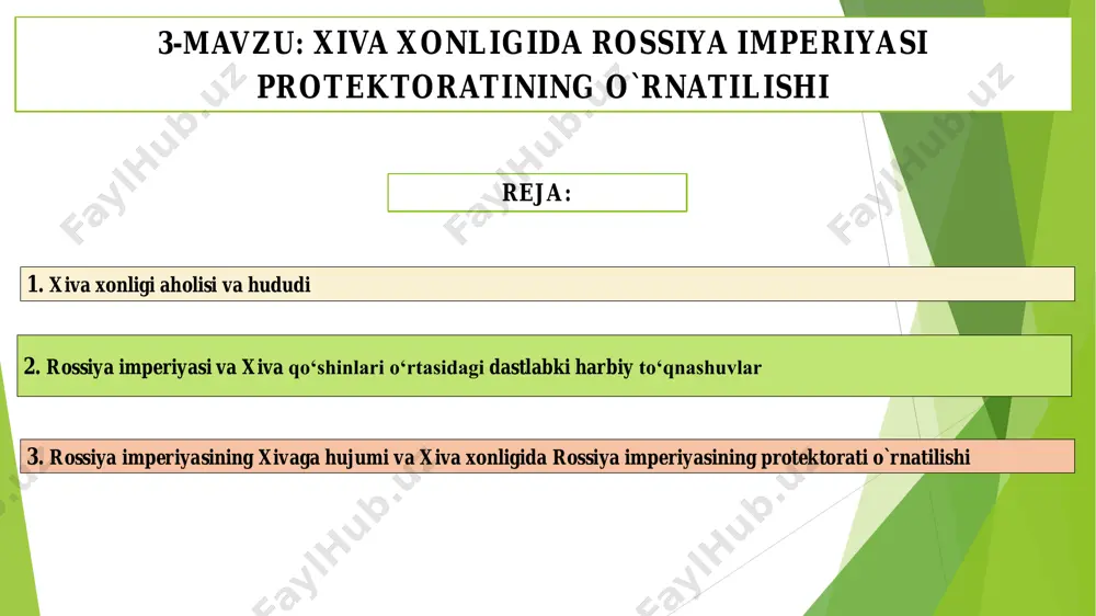 asi tobeligiga o‘tganligini ko‘rsatardi. 18.06.2023 14 shartnomaning birinchi moddasida: «sayid rahim bahodirxon o‘zini butun rossiya imperatorining sodiq xodimi deb tan oladi. xiva xoni mustaqil ravishda tashqi dunyo, hatto yaqin qo‘shnilari bilan ham aloqa o‘rnatish imkonidan mahrum etildi. faqat ular bilan rossiya imperiyasi roziligi bilangina aloqa qila oladigan bo‘ldi. 18.06.2023 15 gandimiyon shartnomasida: «amudaryoning chap qirg‘og‘idagi ruslar uchun zarur va qulay bo‘lgan yerga ular o‘zlarining pristanlarini qurish huquqiga ega. 18.06.2023 16 xonlik ushbu pristanlarning saqlanishi va xavfsizligi uchun javobgar. shartnomaga binoan xiva xonligi 2 million 200 ming rubl miqdoridagi tovonni 20 yil davomida to‘lashi belgilandi. xonlik xazinasida yetarli darajada pul bo‘lmaganligi uchun bu tovon aholidan yig‘ib olinadigan bo‘ldi. 18.06.2023 17 gandimiyon shartnomasi xiva xonligining rossiya imperiyasiga tobeligini, xonning davlat boshlig‘i darajasida boshqa davlatga bo‘ysunganligini ko‘rsatuvchi hujjat bo‘ldi. 18.06.2023 18 shartnoma shu bilan birga xonlik aholisini juda og‘ir ahvolga solib qo‘ydi. 18.06.2023 19 tovon bilan birga yangi soliq va majburiyatlarni to‘lash xalqning …