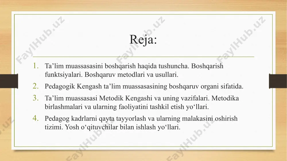 on boshlanadi va tugallanadi. maqsadli-motivlashtirish funktsiyasi. motivlashtirish belgilangan maqsadga erishish bo‘yicha barcha boshqaruv sub’ektlarida qiziqishlar uyg‘otishga yo‘naltirilgan tadbirlarni tashkil etishni nazarda tutadi. oldindan ko‘rish-rejalashtirish funksiyasi. tashkiliy-ijrochilik funktsiyasi. bu kadrlar tanlash va joy-joyiga qo‘yish, ijrochilarning o‘zaro ta’sir etish tizimini shakllantirish, axborotlar to‘plash va ularga ishlov berish faoliyatlari bilan bog‘liq bo‘ladi. turli olimlarning fikrlarini umumlashtirgan holda, boshqaruvning quyidagi funksiyalarini ajratib ko‘rsatish mumkin: nazorat-tashxis funksiyasi. nazorat - bu boshqaruv jarayonining faol bosqichlaridan biri bo‘lib, u boshqaruvning barcha funksiyalari bilan bog‘liq bo‘ladi. umumiy holda nazorat rejalashtirilgan natija bilan haqiqiy erishilgan natijalarni o‘zaro solishtirish jarayoni bo‘lib, u faoliyatning muvaffaqiyatini aniqlashga imkoniyat yaratadi. tartibga solish - muvofiqlashtirish funksiyasi pedagogik tizimning holatini zaruriy, belgilangan darajada ushlab turish, uni yangi sifat darajasiga ko‘tarish va pedagogik jarayonda yo‘l qo‘yilayotgan xatoliklami tuzatish hamda pedagogik jarayon ishtirokchilarining xatti-harakatlarini tartibga solish uchun xizmat qiladi. axborotlarni to’plash. boshqaruv metodlari iqtisodiy metodlar o‘zaro bog‘liq bo‘lgan iqtisodiy ko‘rsatkichlarning yig‘indisini tavsiflab, har bir ishchi va butun …