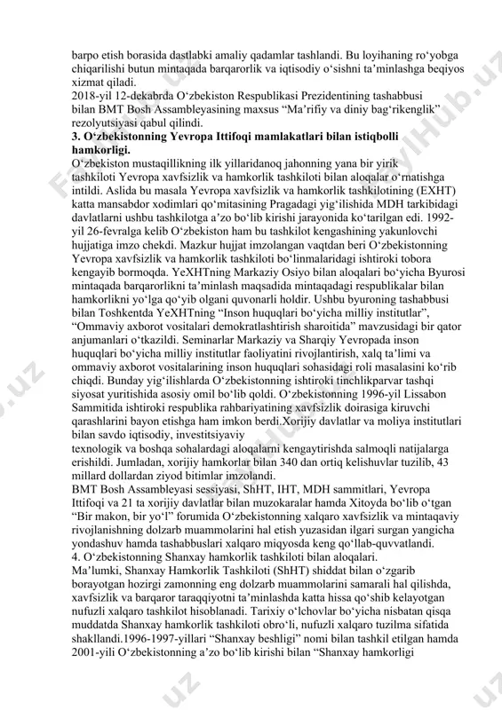 isiz bu muammoni hal etish mumkin emasligini ham asoslab berdi. 1995-yil 16-sentabrda toshkentda bmtning markaziy osiyoda xavfsizlik va hamkorlik masalalariga bag‘ishlangan seminar-kengashi ish boshladi. dunyoning ko‘p davlatlari ishtirok etgan bu seminarda o‘zbekiston rahbarining so‘zlagan nutqi bosh hujjat sifatida qabul qilindi. xalqaro munosabatlar ravnaqi mamlakatimizda xavfsizlik va barqarorlikning, aholi turmush darajasini yuksaltirishning o‘ziga xos kafolati ekanligi hech kimga sir emas. shu bois ham o‘zbekiston rahbariyatining tashqi siyosatda mintaqaviy barqarorlikni saqlab qolish maqsadida ilgari surgan tashabbuslari ko‘pgina davlatlar va bmt tomonidan doimo tasdiqlanib kelindi. bmt bosh аssambleyasining sessiyalarida, yevropada xavfsizlik va hamkorlik tashkiloti sammitidagi yig‘ilishlarda o‘zbekiston prezidentining kiritgan aniq tashabbuslari, mintaqa xavfsizligini taʼminlashga qaratilgan taklifi, bmt boshchiligidagi “6+2” guruhining tuzilishiga asos bo‘lgan edi (o‘zbekiston, xxr, rossiya, eron, pokiston, tojikiston, kuzatuvchi sifatida bmt, birlashgan front va “tolibon” harakati). 2017-yilda shavkat mirziyoyevning ilk bor o‘zbekiston respublikasi prezidenti sifatida bmt bosh assambleyasining 72-sessiyasida nutq so‘zladi. mazkur nutq o‘zbekistondagi islohotlar, demokratiya, inson huquqlari, xalqaro xavfsizlik, mintaqaviy …