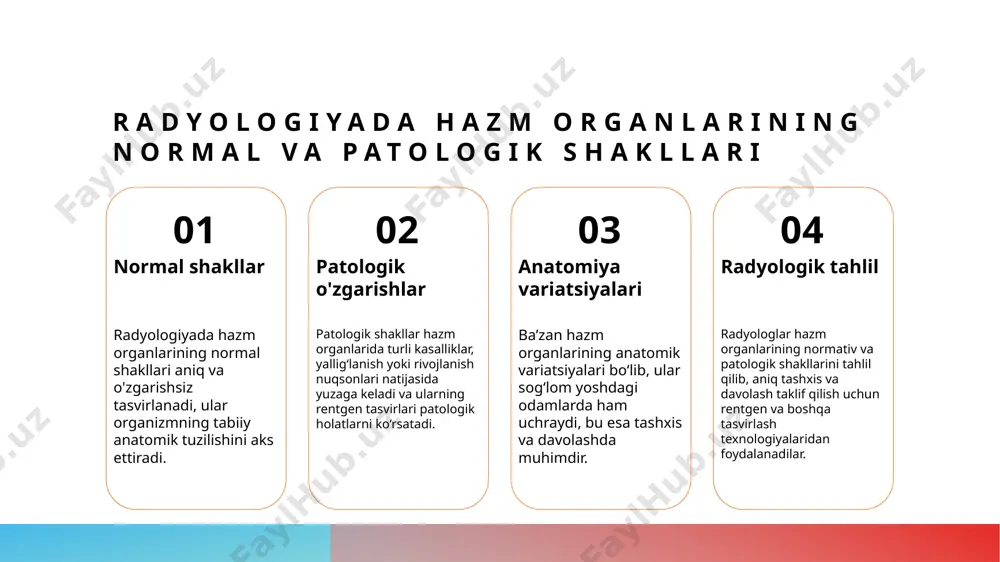 lash muhim, chunki bu bemorning holatini yaxshilash va jarrohlik muolajalarini xavfsiz o'tkazish imkonini beradi. konjenital nuqsonlarning rentgenanatomik belgilari va tibbiy ahamiyati. 1 anatomiya belgilari konjenital nuqsonlar rentgenda aniq anatomik o'zgarishlar bilan ifodalanadi, masalan, organlarning noto'g'ri joylashuvi yoki shakli. bu belgilarning aniqligi nuqsonlarning turiga qarab farq qiladi. 2 rentgen belgilari va turlari rentgen tasvirlarida o'zgarishlar, masalan, deformatsiyalar, odatiy bo'lmagan shakllar va organlarning anormal rivojlanishi orqali ko'rinadi. bu belgilarning tahlili muhim diagnostik qadamdir. 3 tibbiy ahamiyati konjenital belgilarning aniqligi, shifokorga nuqsonlarning darajasini va qanchalik muhimligini tushunishga yordam beradi, shuningdek, davolash rejasini belgilashda muhimdir. rivojlanish nuqsonlarining rentgenografik tashxisi uchun asosiy usullar. 1 anatomi va rentgen tekshirişi rivojlanish nuqsonlarini aniqlashda rentgen tekshiruvi asosiy vosita bo‘lib, anatomic o‘zgarishlar va anomaliyalarni vizual tarzda ko‘rsatadi. 2 specifik rentgen texnikasi rivojlanish nuqsonlarining rentgenografik tashxisida aniq va maqsadli usullar, masalan, rus, rentgen kontrast usullari keng qo‘llaniladi. 3 tahlil va baholash rentgen tasvirlarining tahlili malakali radiologlar tomonidan amalga oshiriladi, bu …