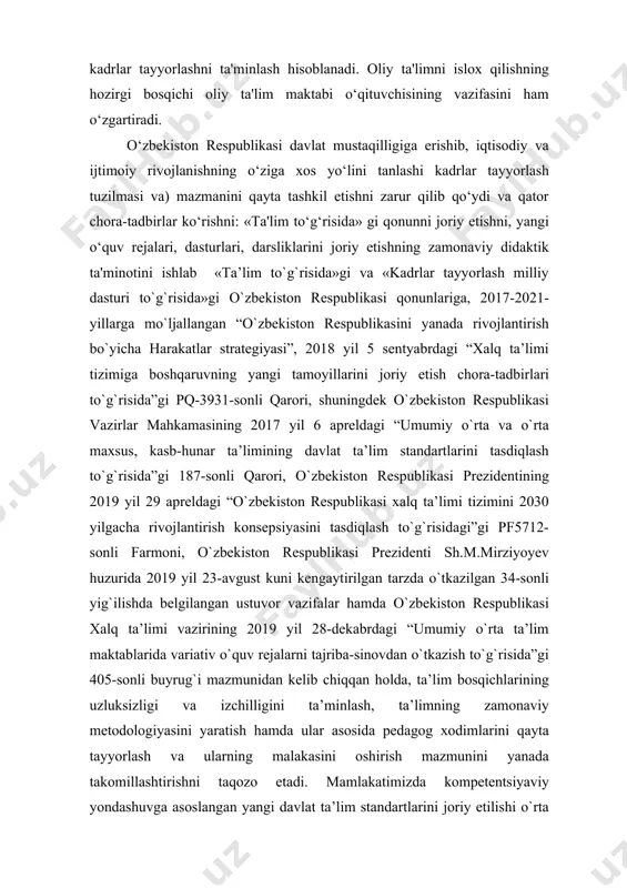 qiyoti davrida matematika sohasida ham, xususan, algebrada katta natijalarga erishilmoqda. algebra matematikaning abstrakt holda to‘plam va unda aniqlangan algebraik amallar orqali o‘rganuvchi bo‘limi hisoblanadi. algebraning hozirgi zamon matematikasidagi ahamiyati nihoyatda katta. umuman, hozirgi zamon matematikasida ko‘p bo‘limlarining «algebraiklashuvi» kuchayib bormoqda. matematika boshqa bo‘limlari masalalarining algebra tiliga o‘tkazilishi, ularni yechish uchun nihoyatda unumli bo‘lgan farmal algebraik hisoblashlarni tadbiq qilishga imkon beradi. mavzuning dolzarbligi va ahamiyati. o‘rta maktab matematikasida ehtimollar nazariyasi mavzusi juda ham ko‘p qo‘llaniladi. ehtimollar nazariyasi ilk bor qimor o’yinlari oqibatida vujudga kela boshladi. odamlar avval uni fan sifatida emas bo’lgan o’yinlardagi holatlar oqibatida tuhib yetdilar. lekin, maktab matematika kursidagi ehtimollik nazariyasi bir tasodifiy hodisalarning ro’y berish ehtimoliga ko’ra ular bilan qandaydir tarzda bog’langan boshqa tasodifiy hodisalarning ro’y berish ehtimollarini topish bilan shug’ullanadigan matematika sohasi deb qaraladi. biror hodisaning ro’y berishi teng ekanligi uncha ahamiyatli emas odamlar ishonchli natijaga erishishi oliy algebraning muxim masalasi hisoblanadi. kurs ishining maqsadi: innovatsion pedagogika …