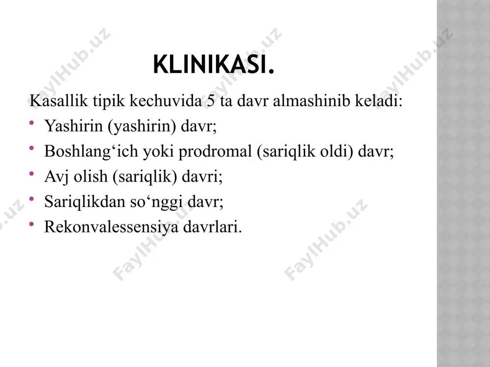 ni ushlab turadi. xolestatik shakli kasallik klinikasida birinchi o‘rinda mexanik sariqlik belgilari chiqishi bilan izohlanadi. kasallikning bu shakli o‘ziga xos klinik ko‘rinishga ega. xolestaz belgilari kasallikning ham engil, ham og‘ir shakllarida yuzaga chiqishi mumkin. uning asosida jigar ichi o‘t yo‘llarida o‘t tiqilib qolishi yotadi. xolestaz virusli a gepatitda kam – 2 % gacha hollarda, ko‘proq qizlarda pubertat oldi va pubertat davrida uchraydi. xolestatik sindrom bilan kechuvchi virusli a gepatit klinikasida ozmi-ko‘pmi ifodalangan, uzoq vaqt (30-40 kun va undan ortiq) davom etuvchi sariqlik va teri qichishishi kuzatiladi. sariqlik ko‘pincha yashilsimon yoki shafransimon bo‘ladi, ba’zida sariqlik umuman bo‘lmay, faqat teri qichishishi kuzatiladi. zaharlanish belgilari kam, jigar o‘lchamlari sezilarsiz kattalashgan, peshob to‘q, axlati oqargan. qonda umumiy bilirubin faqat to‘g‘ri (bog‘langan) fraksiya hisobiga oshgan. jigarda fermentlar faolligi me’yorida yoki biroz oshgan. qonda umumiy xolesterin, b -lipoproteidlar va ishqoriy fosfataza faolligi ortishi xos. xolestatik sindrom bilan kechuvchi virusli gepatit a uzoq vaqt kechadi, lekin yaxshi …