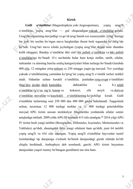 liklar, jumladan oziq-ovqat o’simliklari (bug’doy, javdar, sholi, kartoshka, dukkaqlilar va b.), tolali o’simliklar (g’o’za, zig’ir, kanop va h.k.), efir moyli va dorivor o’simliklar, me- valilar va kauchukli o’simliklarning ko’pchiligi g.o’.ga kiradi. botanik termin "yopiq urug'li", yunoncha angeíon (ἀγγεῖον "butylka, idish") va spérma (σπέρμα "urug'") so'zlaridan kelib chiqqan bo'lib, "yopiq urug'li" sifatida pol herman tomonidan 1690 yilda, faqat kapsulalarga o'ralgan urug'lari bo'lgan gulli o'simliklarni o'z ichiga olgan holda kiritilgan. yopiq urug'li terminining ma'nosi 1827 yilda robert braun tomonidan tubdan o'zgargan, yopiq urug'li endi yopiq urug' pochkalarga ega urug'li o'simlikni anglatadi. 1851- yilda, vilgelm hofmaysterning embrional keselari haqidagi ishlari tufayli yopiq urug'li barcha gulli o'simliklar uchun, shu jumladan ikki pallali va bir pallali o'simliklar uchun zamonaviy ma'noni oldi. o‘simliklarning tashqi muhitga har xil shaklda mosla-shishi hayotiy shakl deyiladi.gulli o‘simliklar hayotiy shakllariga ko‘ra daraxt, buta, yarimbuta, bir yillik, ikki yillik va ko‘p yillik o‘tlarga bo‘linadi.daraxtlar - bitta yo‘g‘on yog‘ochlashgan tanali, baquvvat ildizli va …