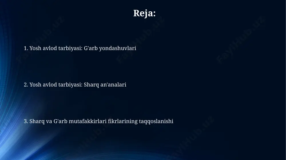 la va jamiyatning yosh avlod tarbiyasidagi roli, ikkala madaniyatda ham, 3 ta asosiy omil – ta'lim, ijtimoiylashuv va axloqiy tarbiya bo'yicha farqlanadi, bu esa turli yondashuvlar va natijalarga olib keladi. g'arb madaniyatida esa, mustaqillik va individualizmga urg'u berilib, 12 yoshdan boshlab bolaning o'z qarorlarini qabul qilish qobiliyatini rivojlantirishga, shaxsiy erkinlik tamoyillarini singdirishga harakat qilinadi. g'arb falsafasida yosh avlod tarbiyasi liberalizm va demokratiya g'oyalari g'arb falsafasida yosh avlodga tanqidiy fikrlash, muloqot qilish va o'z huquqlarini himoya qilish kabi 3 ta asosiy ko'nikmalarni singdirishni ta'kidlaydi. ko'p g'arb pedagogikasi bolaning o'ziga xos rivojlanish bosqichlarini (masalan, piagetning kognitiv rivojlanish nazariyasi) hisobga olib, yosh avlodni tarbiyalashda individual yondashuvni targ'ib qiladi. sharq va g'arb tarbiya uslublarining taqqoslashi g'arbda esa, individualistik yondashuv ustun bo'lib, 1-3 yoshdan boshlab bolani mustaqillikka o'rgatish, shaxsiy rivojlanishiga alohida e'tibor berish kuzatiladi; psixologik yordamga yuqori talab mavjud. sharqda, bolaning 3 yoshgacha bo'lgan davrida asosan ona tomonidan tarbiyalanishi, katta oilalar va qo'shma yashash madaniyati …