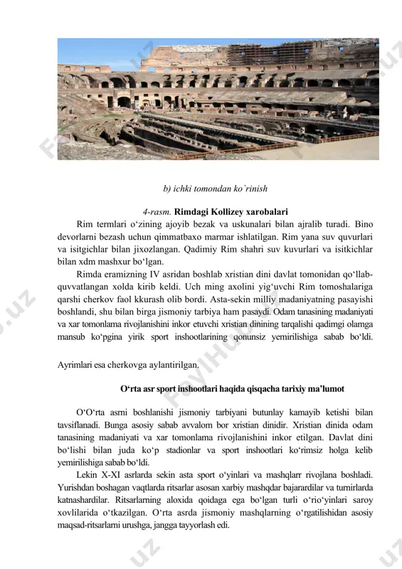 ishi bilan juda ko‘p stadionlar va sport inshootlari ko‘rimsiz holga kelib yemirilishiga sabab bo‘ldi. lekin x-xi asrlarda sekin asta sport o‘yinlari va mashqlarr rivojlana boshladi. yurishdan boshagan vaqtlarda ritsarlar asosan xarbiy mashqdar bajarardilar va turnirlarda katnashardilar. ritsarlarning aloxida qoidaga ega bo‘lgan turli o‘rio‘yinlari saroy xovlilarida o‘tkazilgan. o‘rta asrda jismoniy mashqlarning o‘rgatilishidan asosiy maqsad-ritsarlarni urushga, jangga tayyorlash edi. rivojlangan feodal jamiyatda (x-xi asrlarda) sinfiy kkurash ta’siri ostida xalq jismoniy madaniyati (shaharliklar va dehqoonlar) va ustun turuvchi sinf jismoniy madaniyati (feodallar, ritsarlar) shakllanadi. xv-xvi asrlarda tup ro‘yinlari paydo bo‘ldi. o‘yinlar uchun maydoncha va joylar, shaharliklar uchun sayirgohlarda, ziyolilarga xiyobonlarda xar-xil tomosha shaxobchalari qurildi. bularga: rimdagi villa montalno (xvi) suzish xavzasini, florensiyadagi bobilbog‘i amfiteatrini (xvii) misol qilish mumkin. yevropaning ba’zi mamlakatlarida nayzabozlar va o‘yo‘yinlari uchun zallar, kamonda o‘q, otish uchun maydon va maydonchalar qurilishi olib borildi. o‘rta osiyoda ham sport o‘yo‘yinlari rivojlangan. bu o‘yinlarga chavandozlik, kamondan otish, kurash, ko‘pqari, qilichbozlik va boshqalar sport …