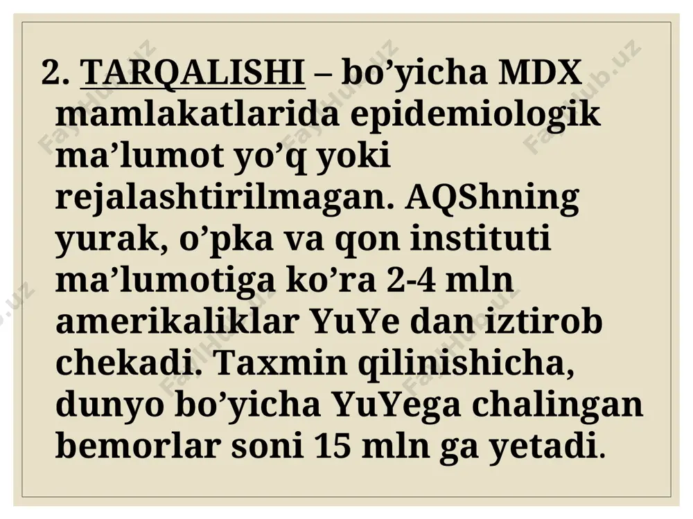 ilarini fizik yuklama hajmi bilan solishtirish (qiyoslash) orqali yuzaga kelishiga asoslangan. turli guruh pasientlarining yoki biror kasalni dinamikada, hamda davo o’tkazilganda qiyoslash uchun qulaylik beradi. bunda bemorning xolati funksional sinf (klass)larga bo’linadi nyha bo’yicha tasnif: i fs – fizik faollik chegaralanmagan: odamdagi (kundalik) fizik yuklama behollik, charchash, hansirash yoki yurak urishini chaqirmaydi (simptomsiz chap qorincha disfunksiyasi). ii fs – fizik faollik o’rtacha chegaralangan. tinch xolatda bemorda hech qanday patologik simptomlar namoyon bo’lmaydi. insondagi fizik faollik: charchash, yurak urishi, hansirash yoki og’riqni yuzaga keltiradi nyha bo’yicha tasnif: iii fs – fizik faollik yaqqol chegaralanadi: garchi pasient tinch xolatda o’zini yaxshi his qilsada, oz miqdordagi fizik zo’riqish yuye ning klinik belgilarini yuzaga keltiradi. iv fs – har qanday fizik faollik diskomfort belgilarini yuzaga keltiradi: yuye belgilari tinch xolatda ham sodir bo’ladi va arzimagan kichik fizik faollikda ular kuchayadi. a. o’tkir yurak yetishmovchiligi – chap qorincha yetishmovchiligi ko’rinishida yurak astmasi xuruji bilan namoyon …