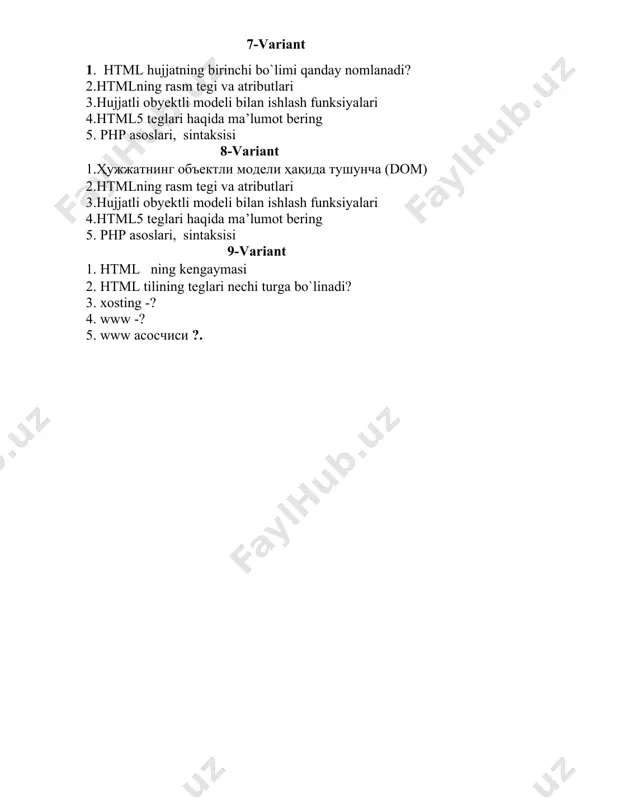 atik veb ilovalar 5 . dinamik veb ilovalar 4 - variant 1. html тарихи 2 . html теглар 3 . html атрибутлари 4. рўйхатлар билан ишлаш теглари assalomu alaykum aka zurmisiz veb daturlash fanidan yakuniy savolar yuqmi . 5. kaskadli tranzistorlar. 5 - variant 1 . html5 da audio va video teglari 2 . internet texnologiyalari 3. html hujjatlar tuzilishi 4.hujjatni barcha kompyuterda ko1rish imkonini beruvchi til qanday ataladi? 5. razmetkali tillarning asosiy vazifasi nimadan iborat? 6 - variant 1 . html ning kengaymasi 2. html tilining teglari nechi turga bo`linadi? 3. html tilining teglari qanday turlarga bo`linadi? 4. html hujjat odatda ikkita bo’limdan iborat bo`ladi ular? 5 ` html hujjatning birinchi bo`limi qanday nomlanadi ? /docprops/thumbnail.emf 1-variant 1. veb-server nima? 2. domen –? 3. xosting -? 4. www -? 5. www асосчиси ? 2-variant 1. www komponentlari 2. veb-server ? 3. www ning rivojlanish bosqichlari ? 4. axborotni statik …