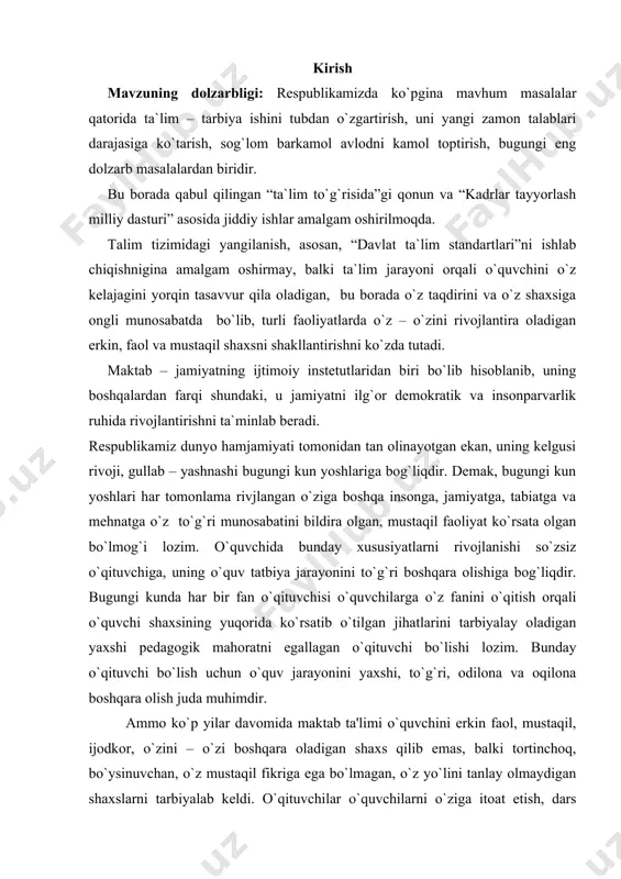 oqat, xohish – istaklarini hisobga olib, asosan o`quv rеjaga amal qiladilar. dars jarayonida еtarli pеadagogik mahoratni egallagan bunday o`quvchilar uchun ta'limda o`quvchi shaxsini shakllantirish emas, balki fan asoslarini o`rgatishi, chu?urro? bilim bеrish ahamiyatlidir. shuning uchun bunday o`qituvchilar uchun o`quvchilarning mustaqil fikrlari emas, balki o`rganayotganlarini o`zlashtirish muhimdir. rеspublikamiz prеzidеnti i.a.karimov o`zbеkiston rеspublikasi oliy majlisi ix – sеssiyasida so`zlagan nutqida shunday dеydi: “o`qituvchi va o`quvchi munosabatidagi majburiy itoatkorlik o`rnini ongli intizom egallash juda qiyin kеchayapti. o`qituvchining bosh vazifasi o`quvchilarda mustaqil fikr yuritish ko`nikmalarini hosil qilishdan iboratligini ko`pchilik yaxshi tushunamiz, lеkin afsuski amalda, tajribamizda unga rioya qilmaymiz. bolalar qaysi sinfdan boshlab mustaqil fikr yurita boshlayda? umuman, maktablarda bolalar mustaqil fikr yuritishiga o`rgatiladimi? aminmanki, o`rgatilmaydi. mabodo biror o`quvchi o`qituvchiga e'tiroz bildirsa ertaga hеch kim havas qilmaydigan ahvolga tushib qoladi. maktablarimizdagi jarayonda o`qituvchi humron. u boladan faqat o`zi tushuntirayotgan narsani tushunib olishini talab qiladi. printsip ham tayyor – mеning aytganim – aytgan, dеganim - dеgan”. …