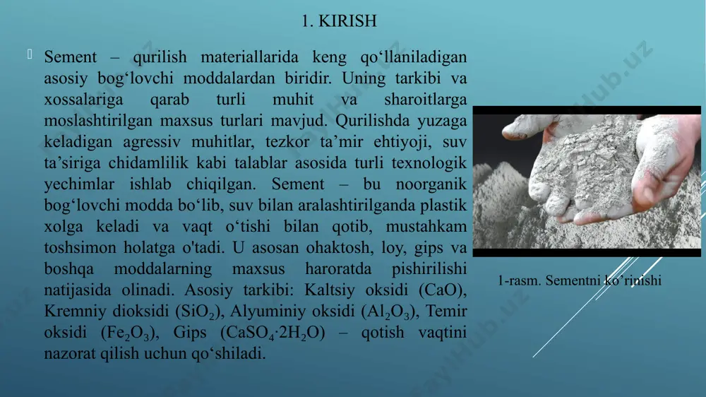 ol mineral qo’shimchalardan 10 % dan ortiq bo’lmagan miqdorda va domna granulalangan elektrotermooltingugurt shlaklari, kullarni 15 % dan ortiq bo’lmagan miqdorda qo’shish mumkin. tez qotuvchi sement klinkeri tarkibida 60-65 % c3s, c3a – 0.05 % gacha mgo<5% bo’ladi. gipsni so3 ni hisobga olgan holda 3.5 % miqdorda kiritiladi. 4-rasm. tez qotuvchi va oddiy portlandsement mustahkamligining o’sishi 1-tez qotuvchi sement, 2-oddiy portlandsement. 2.3 plastifitsirlangan portlandsement va uning ishlab chiqarish texnologiyasi plastifitsirlangan sement – tarkibiga plastifikator qo‘shilgan portlandsement bo‘lib, u suv sarfini kamaytirib, ishlovchanlikni oshiradi. plastifikatorlar beton aralashmasining yopishqoqligini kamaytirib, undan foydalanishni yengillashtiradi. asosiy xossalari: suv-sement nisbati kamaygan holda yuqori mustahkamlik; beton aralashmasining oson yoyilishi; cho‘kishga chidamlilikning ortishi. qo‘llanish sohasi: qiyin shakldagi konstruksiyalar; suvni siqib chiqarish kerak bo‘lgan joylar. 5-rasm. plastifitsirlangan portlandsement turi. 2.3 plastifitsirlangan portlandsement va uning ishlab chiqarish texnologiyasi plastifitsirlangan portlandsement gidravlik bog’lovchi modda – uni portlandsement klinkerini va gidrofil qo’shimchani, gips bilan birgalikda mayda tuyib olinadi. ishlab chiqarish texnologiyasi …