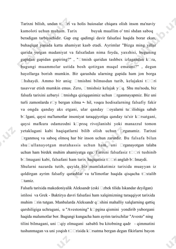 a qismini yondirib yuborgani haqida malumotlar bor. bugungi kungacha ham ayrim tarixchilar "avesto" ning tilini bilmagani, uni qiy olmagani sababli bu kitobning qadr - qimmatini tushunmagan va uni yoqish trisida krsatma bergan degan fikirlarni bayon etadilar. aslida unday emas. bu - tarixiy xaqiqatni garchand u kimga achchiq va kimlar uchundir ibratli blsada haspshlashdan boshqa narsa emas. negaki, aleksandr z zamonida fanning otasi deb nom olgan falsafani fan darajasiga yetkazgan, buyuk donishmand sifatida yeti iqlimda tan olingan unda 20 yil mobaynida muttasil ta'lim olgan edi. shoh filipning li aleksandirni savodsiz kitob qadrini tushunmaydigan bir kimsa deb tariflash tarix ta'limotiga tri kelmaydi. eramizdan avvalgi x asrdan eramizning vii asrlarigacha blgan davr mahsuli blgan diniy falsafiy ta'limotlar dan biri zardushtiylikdir. bu ta'limotga zardsht asos slogan blib, sharq va arbda zaratushtar, zaroastr nomlari bilan mashhurdir. manbalarga ko'ra, zardusht eramlzdan avvalgi vi asrning birinchi yarida yashagan. lekin uning tarixiy yoki afsonaviy shaxs ekanligi haqida aniq …